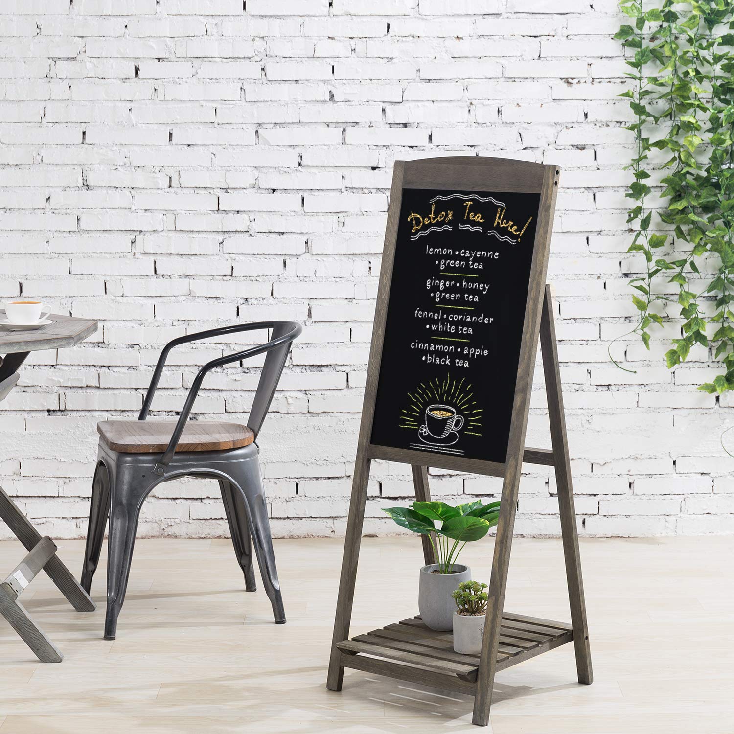 MyGift Vintage Gray Wood A-Frame Chalkboard Easel, 45 Freestanding Decorative Chalkboard Sign with Plant Shelf Stand