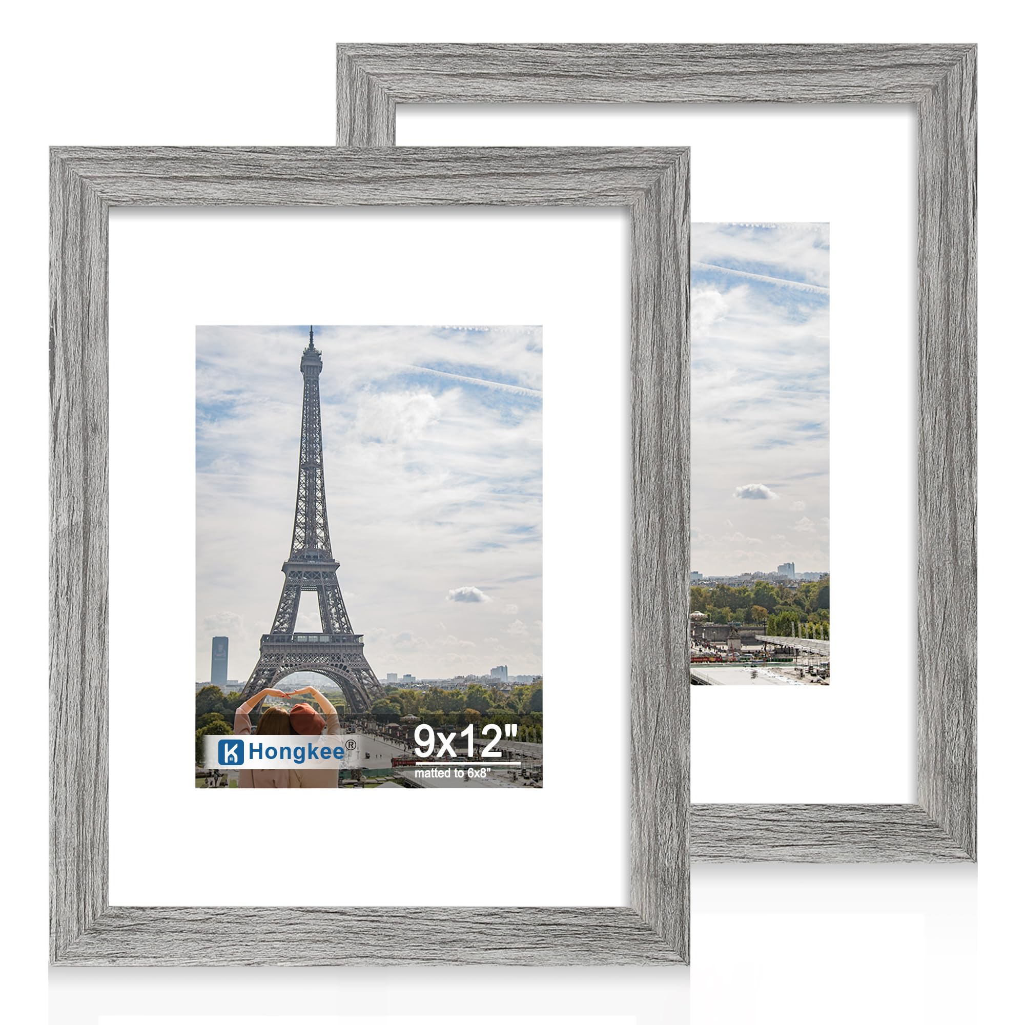 Hongkee 9x12 Picture Frame Set of 2, Made of Real Glass and Grey Wooden Frame - Display Pictures 6x8 with Mat or 9x12 Without Ma