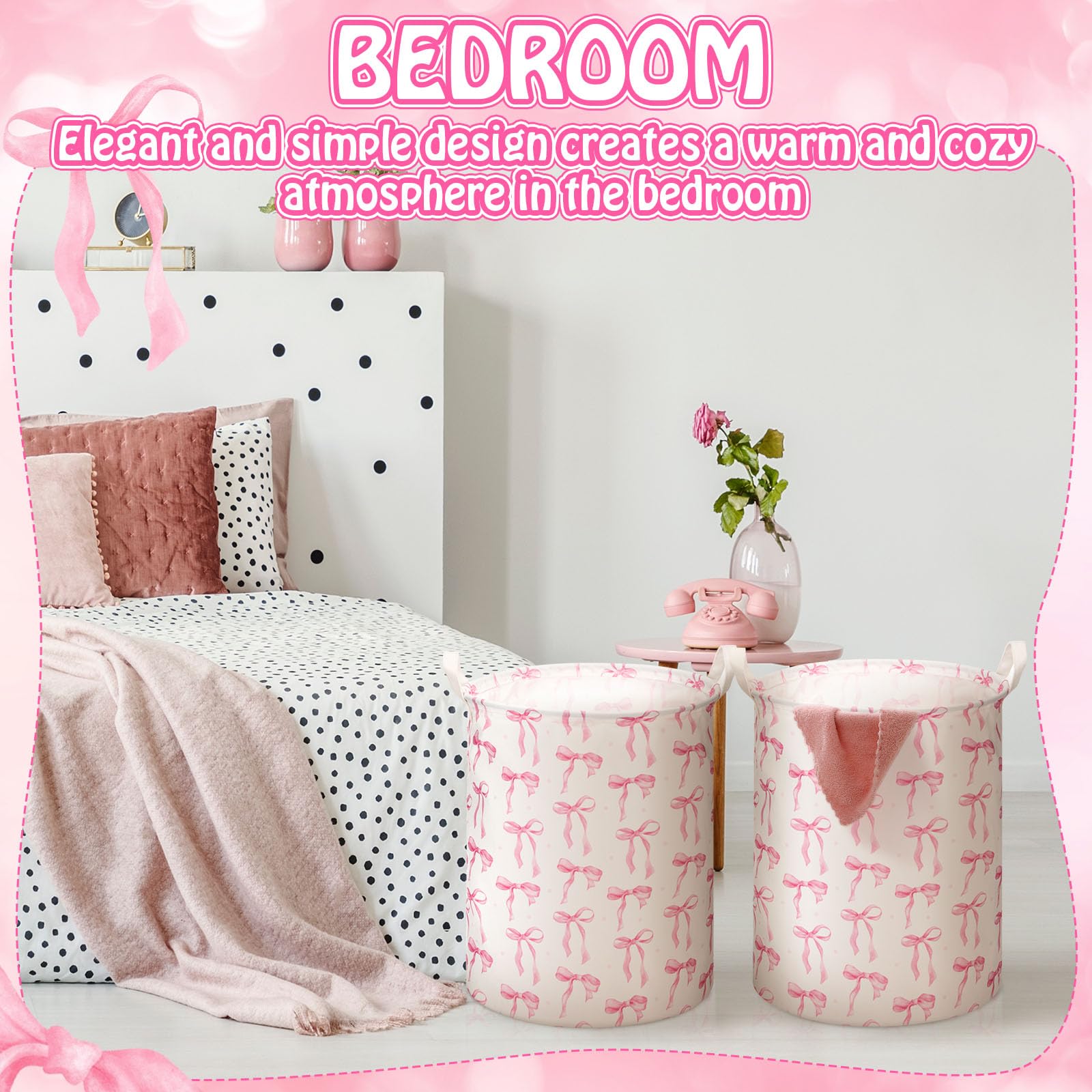 Croblissful 2 Pcs Coquette Bow Laundry Basket Coquette Storage Basket For Girls Nursery Hamper With Handles Foldable Waterproof