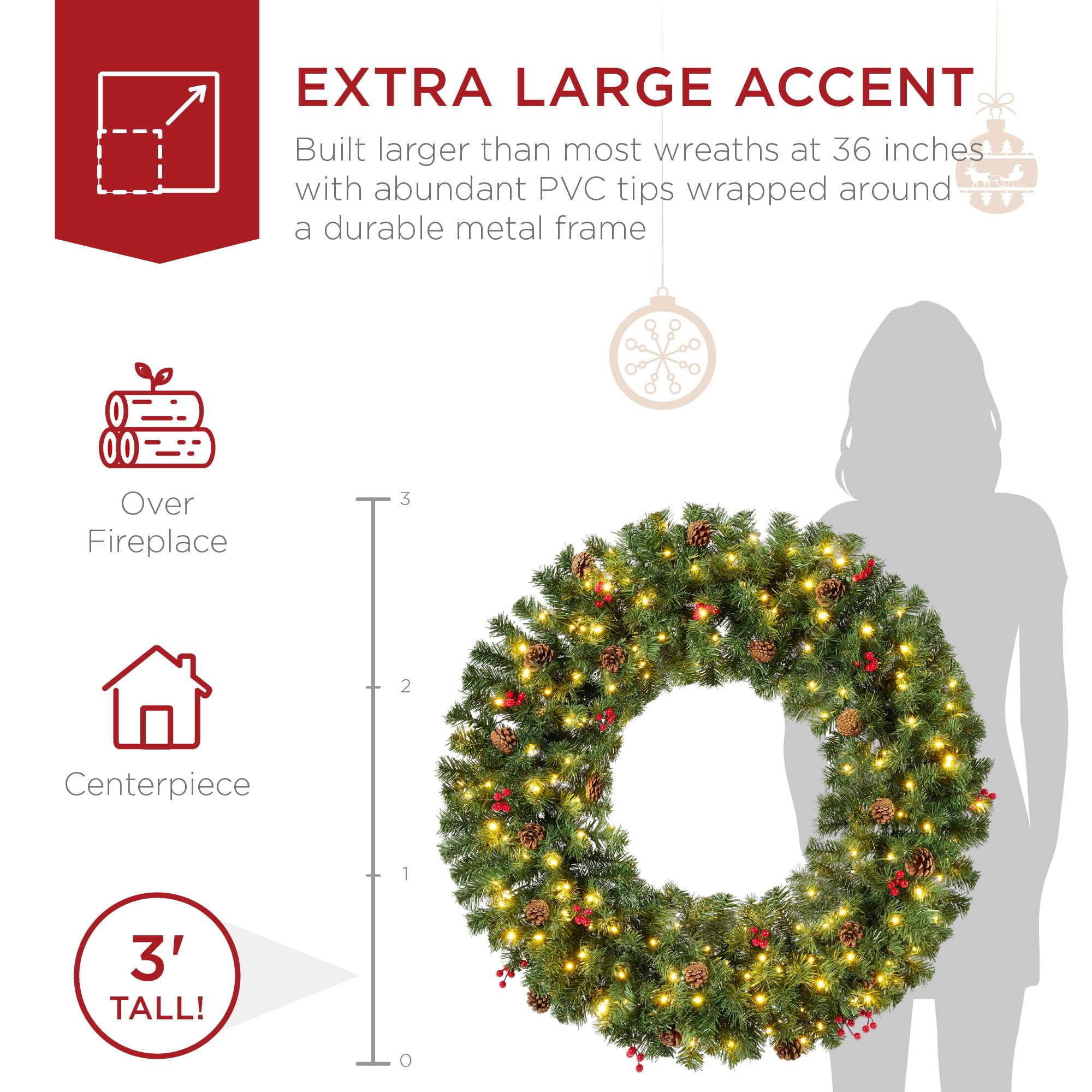 Best Choice Products 36in Pre-Lit Christmas Wreath w/Berries & Pinecones, Large Artificial Indoor/Outdoor Decor for Door, Mantel