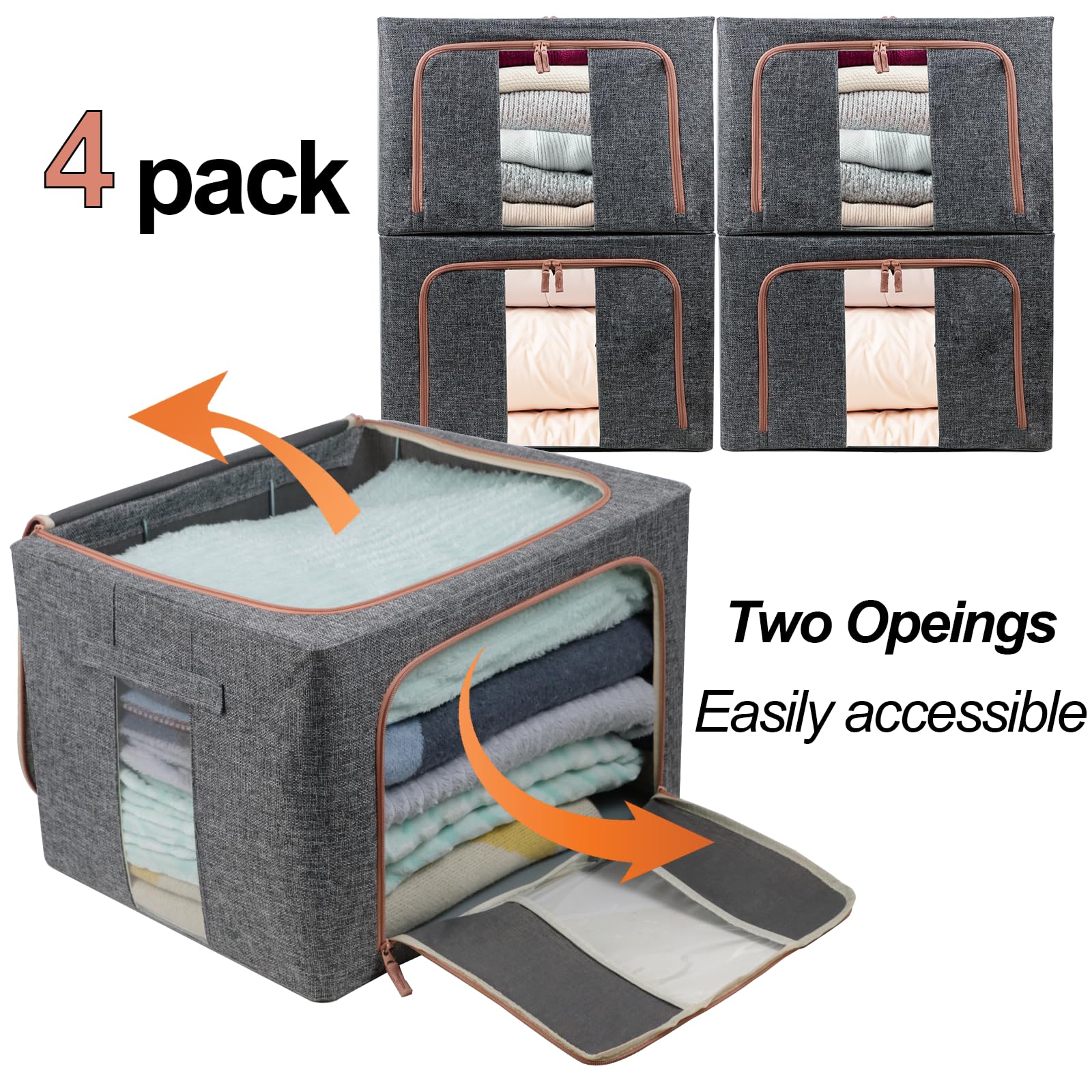 Linen Clothes Storage Bins, 4Pcs Sturdy Closet Organizers And Storage Bin With Metal Frame, 2 Opening Ways Fabric Visible Lidded