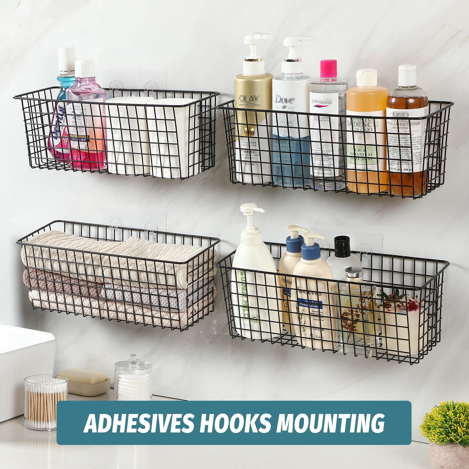 Aozita [2 Wall Mounting Options], 4 Set Extra Large Hanging Wall Mount Basket For Storage With Adhesive Hooks & Steel Hooks, Stu