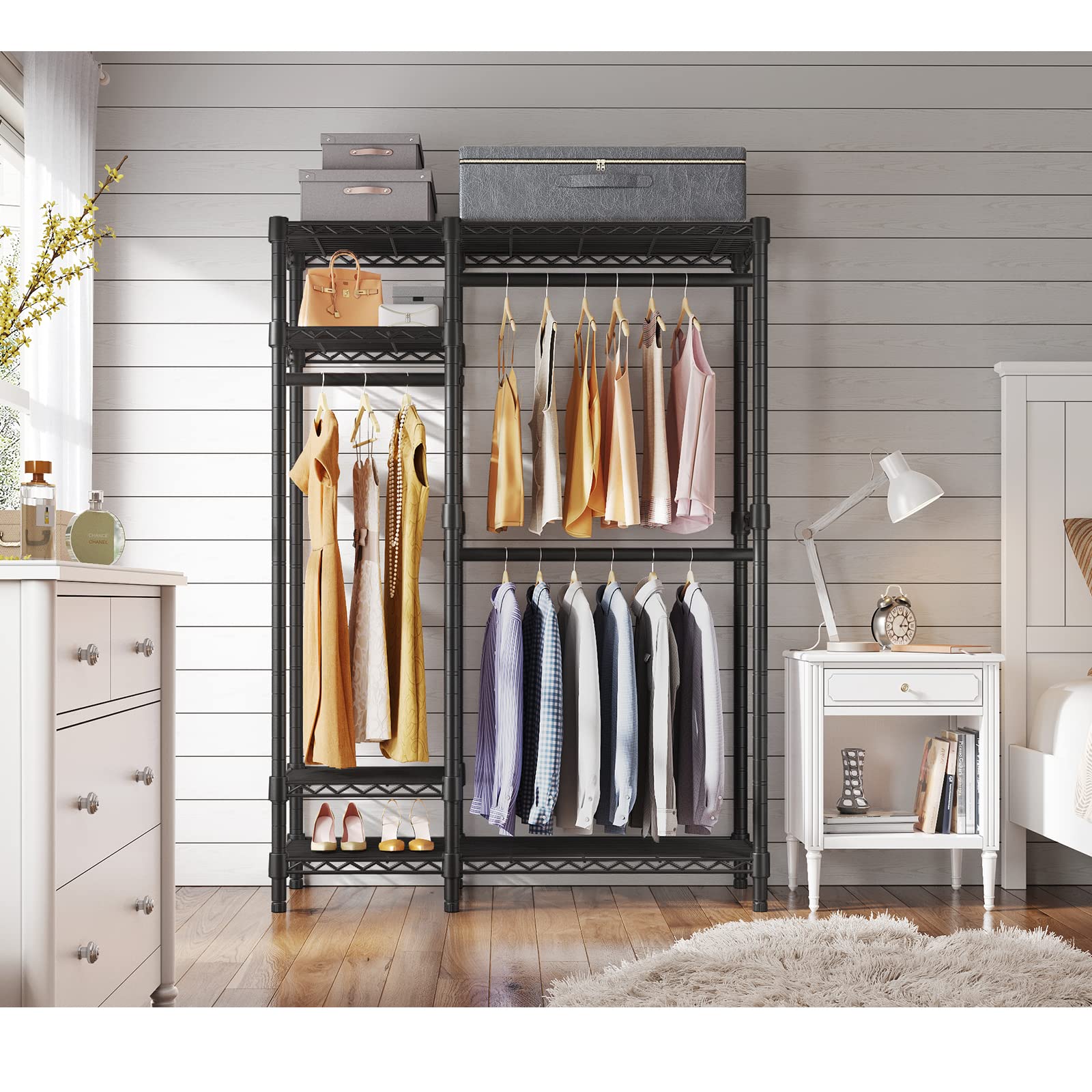 Vipek V2 Garment Rack Metal Clothing Rack For Hanging Clothes, 4 Tiers Wire Shelving Clothes Rack With 3 Hanging Rods, Free Stan