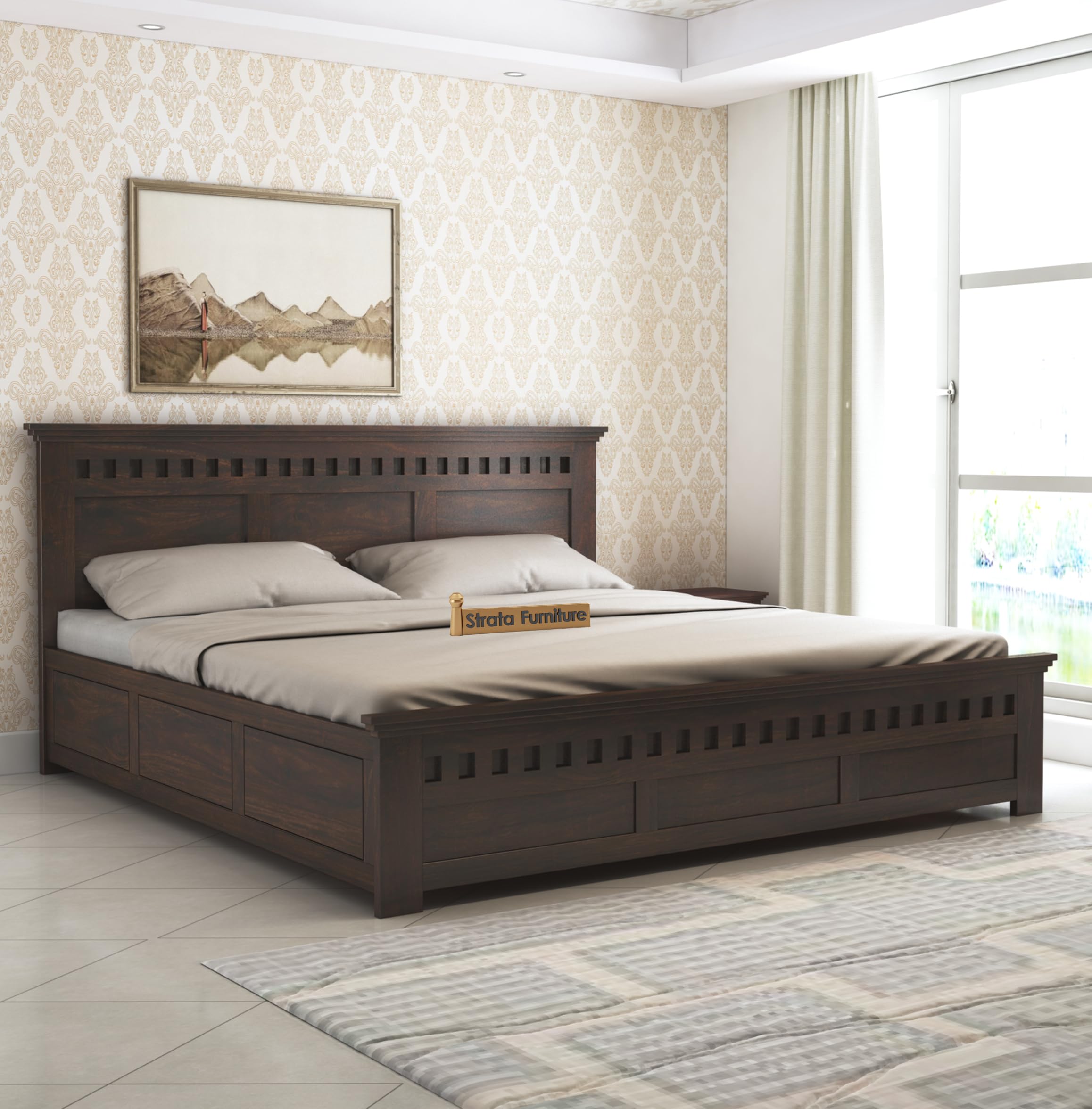Strata Furniture Sheesham Wood King Size Bed With Box Storage Wooden Double Bed Cot Bed Furniture For Bedroom Living Room Home (