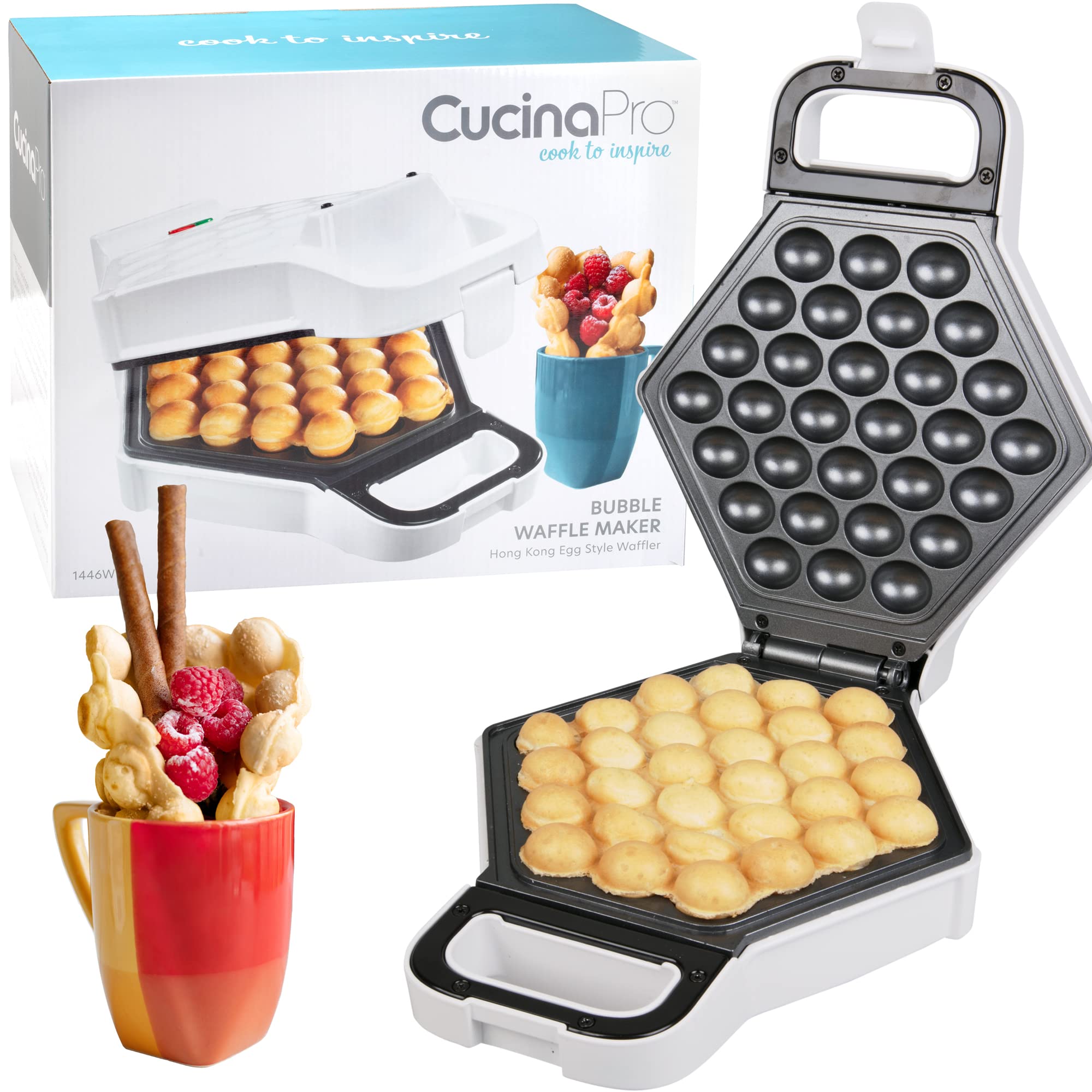 Bubble Waffle Maker- Electric Nonstick Hong Kong Egg Waffler Iron Griddle w Ready Indicator Light- Ready in under 5 Mins w Recip