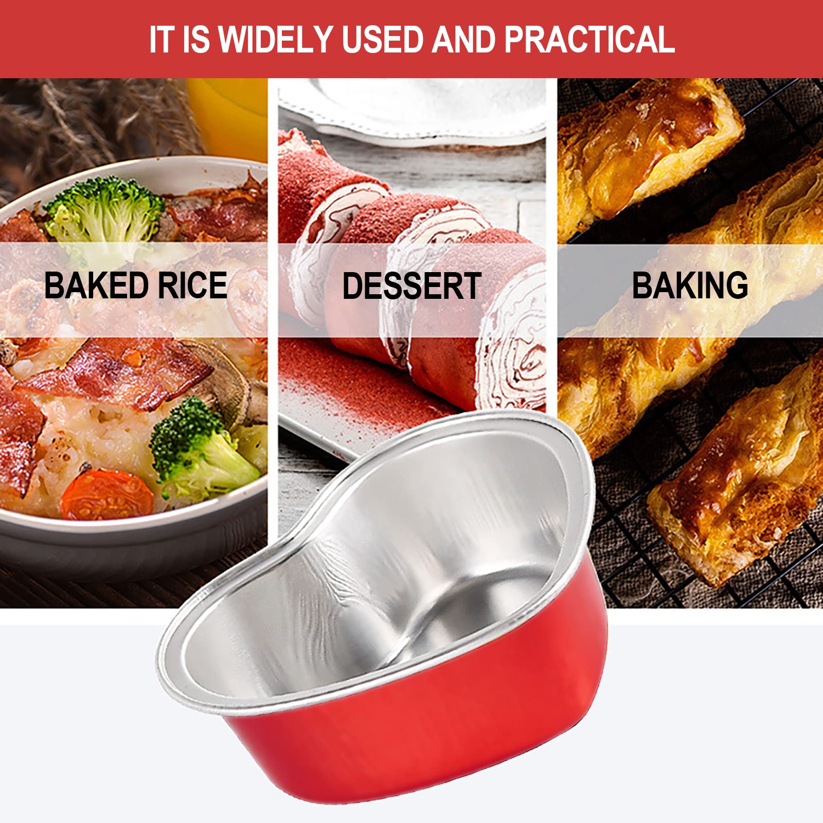 BLVRYVIO Heart Shaped Cake Pans for Baking with Red Petals  50 Sets Aluminum Cupcake Cups with Lids  100 ml/ 3.5 Ounces Red Disposable Mini Foil Pans for Valentine's Day Wedding Parties