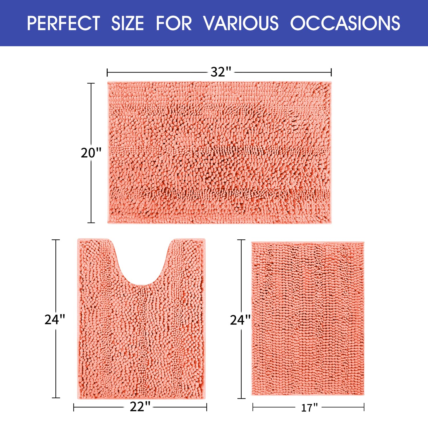 Accumtek Striped Coral Bathroom Rug Set 3 Pieces Ultra Soft, Non Slip Chenille Toilet Mat, Absorbent Plush Shaggy Bath Mats For