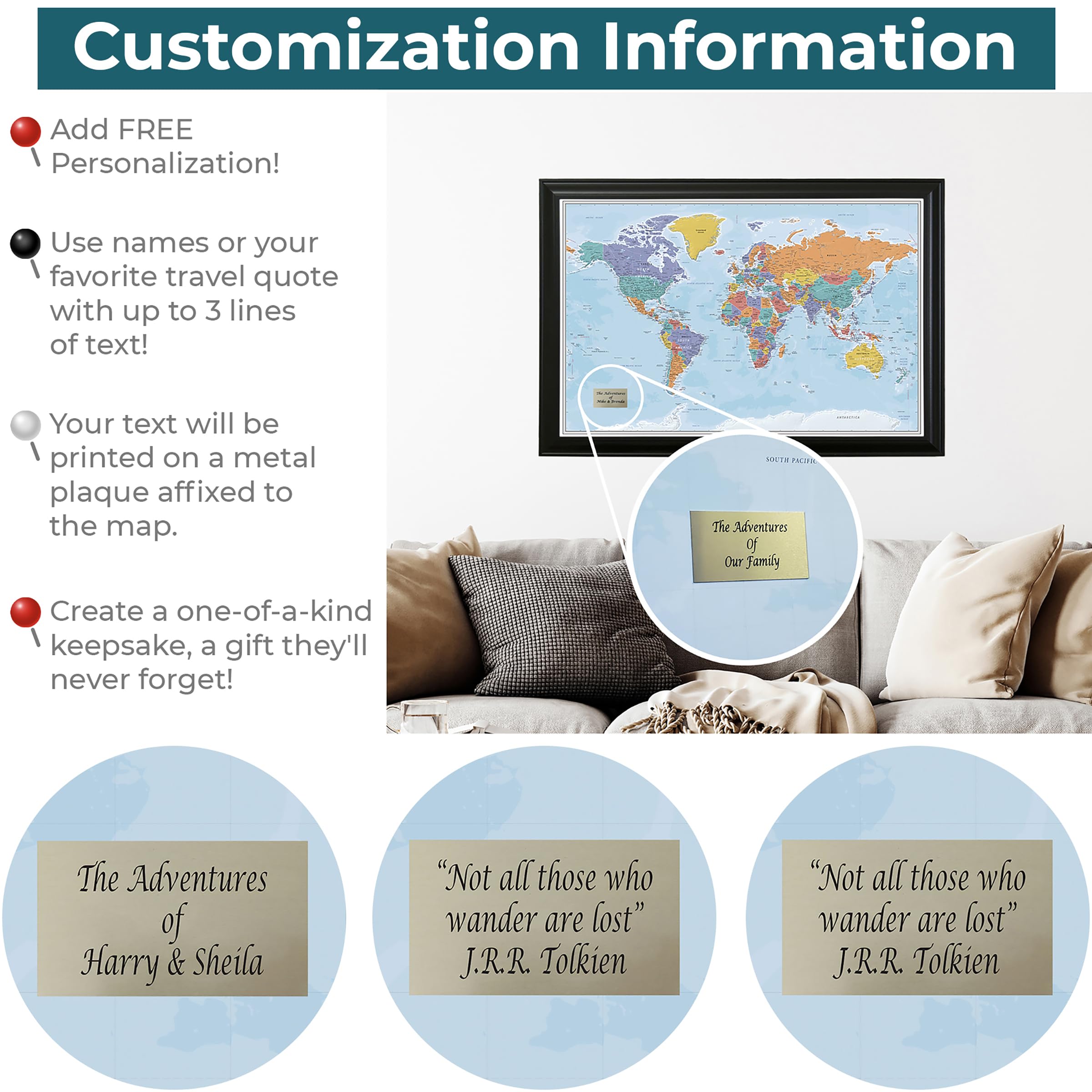 Push Pin Travel Maps Customizable World Map - 27.5" x 39.5" - Rustic Brown Frame - Ideal for Adventurous Travelers