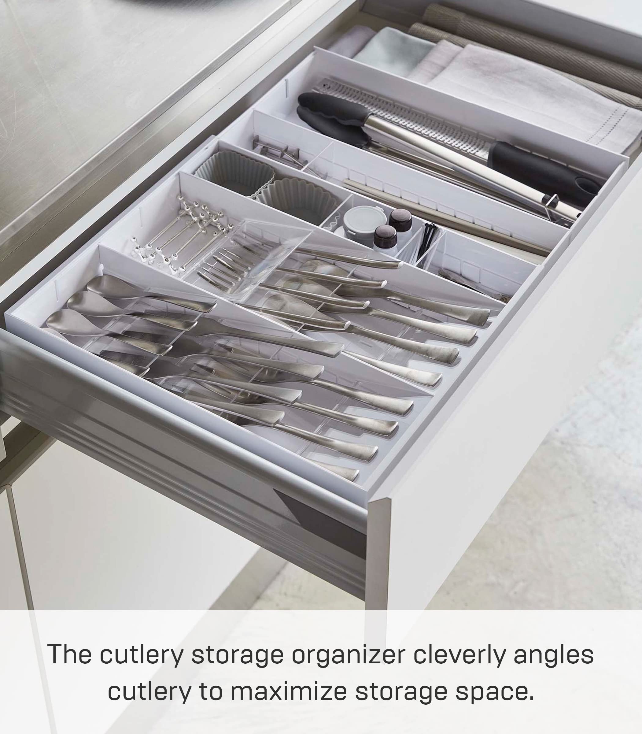 Yamazaki Home Expandable Cutlery Kitchen Angled Utensils Storage Multi-Compartment Silverware Organizer Drawer Insert Tray  Plastic  Adjustable  Expandable  No Assembly Req