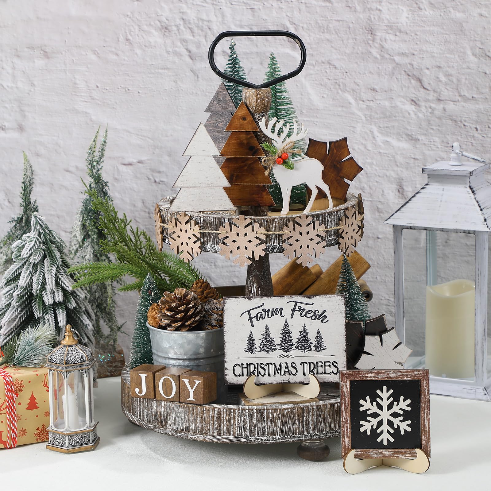 Yalikop 20 Pcs Neutral Christmas Tiered Tray Decor Set Neutral Christmas Snowflake Xmas Tree Wood Sign Rustic Farmhouse Tray Dec