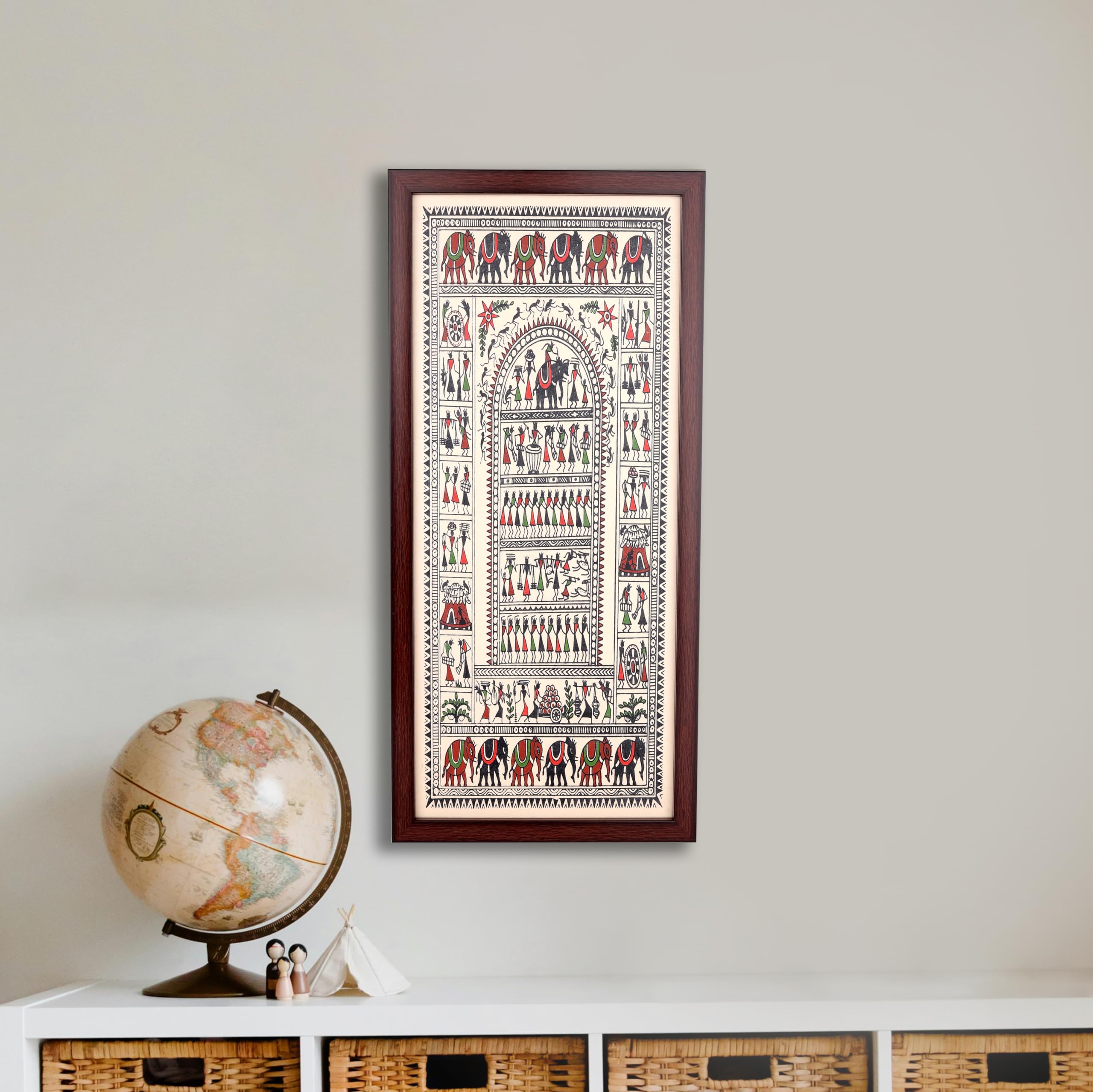 Bhumee Creations Hand Printed Brown Saura Tribal Painting On Tussar Silk | Framed Artwork | Size 22 Inches X 10 Inches