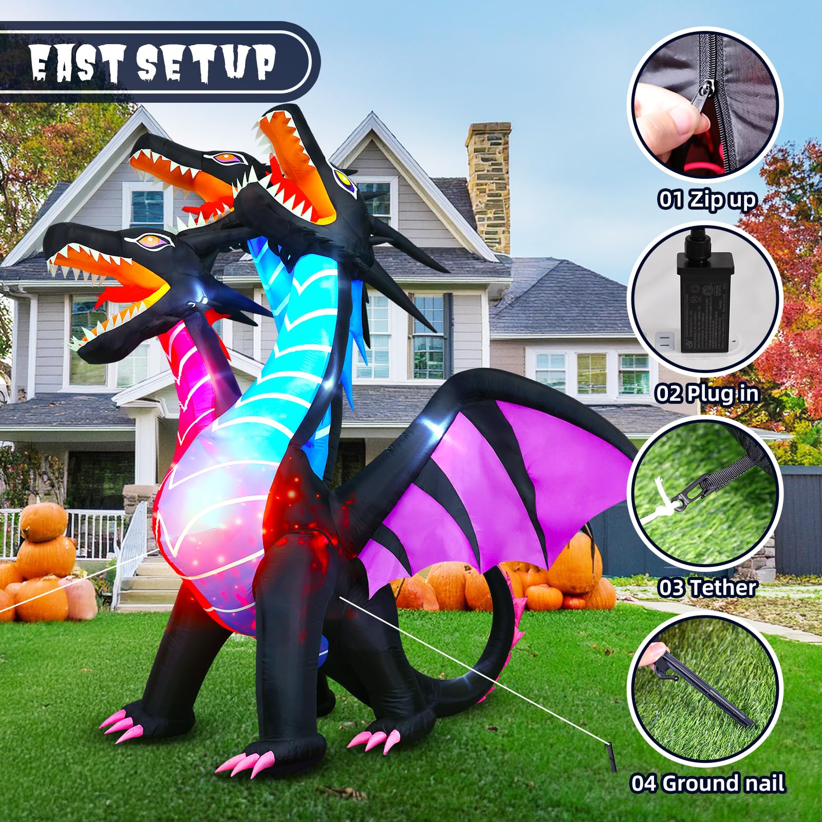 Thuodo 8 FT Tall Halloween Inflatables Dragon Outdoor Decorations Blow Up Yard Three-Headed Dragon with Built-in LEDs for Lawn G