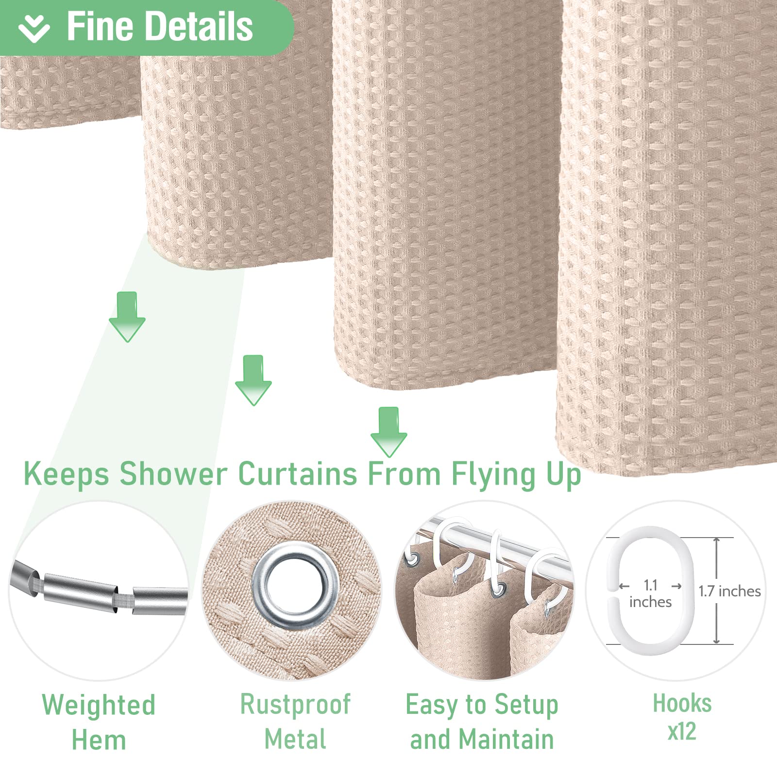 Dynamene Extra Long Shower Curtain - 96 Inch Long Waffle Weave Weighted Thick Cloth Bathroom Shower Curtain  Neutral Heavy Duty Hotel Bath Curtain Set with 12 Plastic Hooks 72x96  Blush Pink