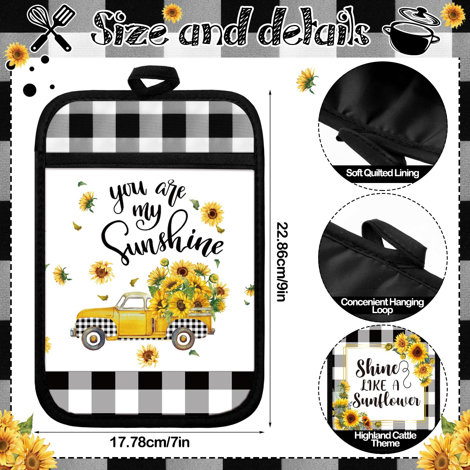 Jingmore 12 Pcs Sunflower Pot Holders with Pocket Teacher Appreciation Gift Bulk Summer Pot Holders Buffalo Plaid Hot Pads and O