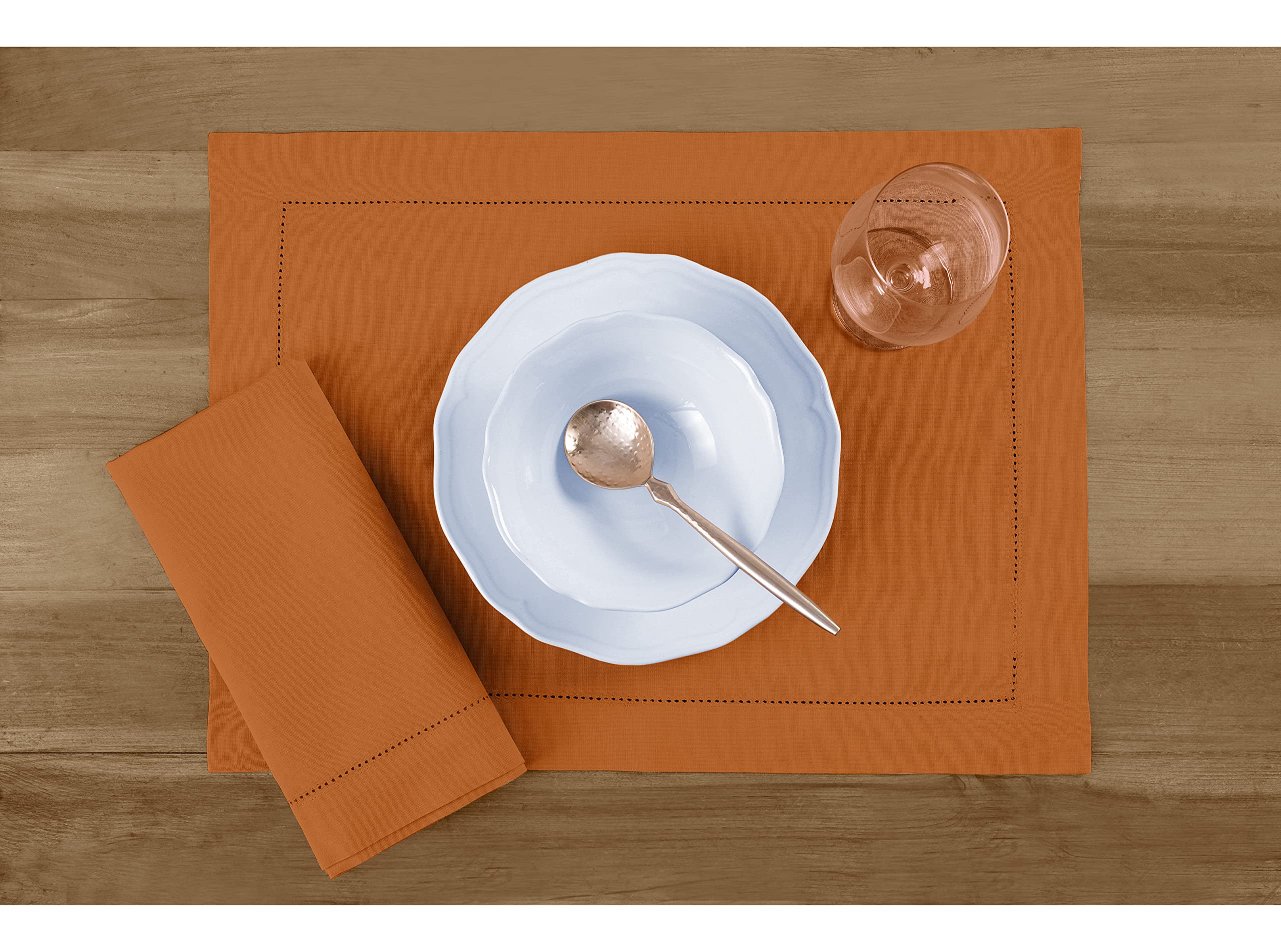 Solino Home Dinner Napkins 20 X 20 Inch - Cotton Linen Hemstitch Pumpkin Cloth Napkins Set Of 4 - Handcrafted And Machine Washab