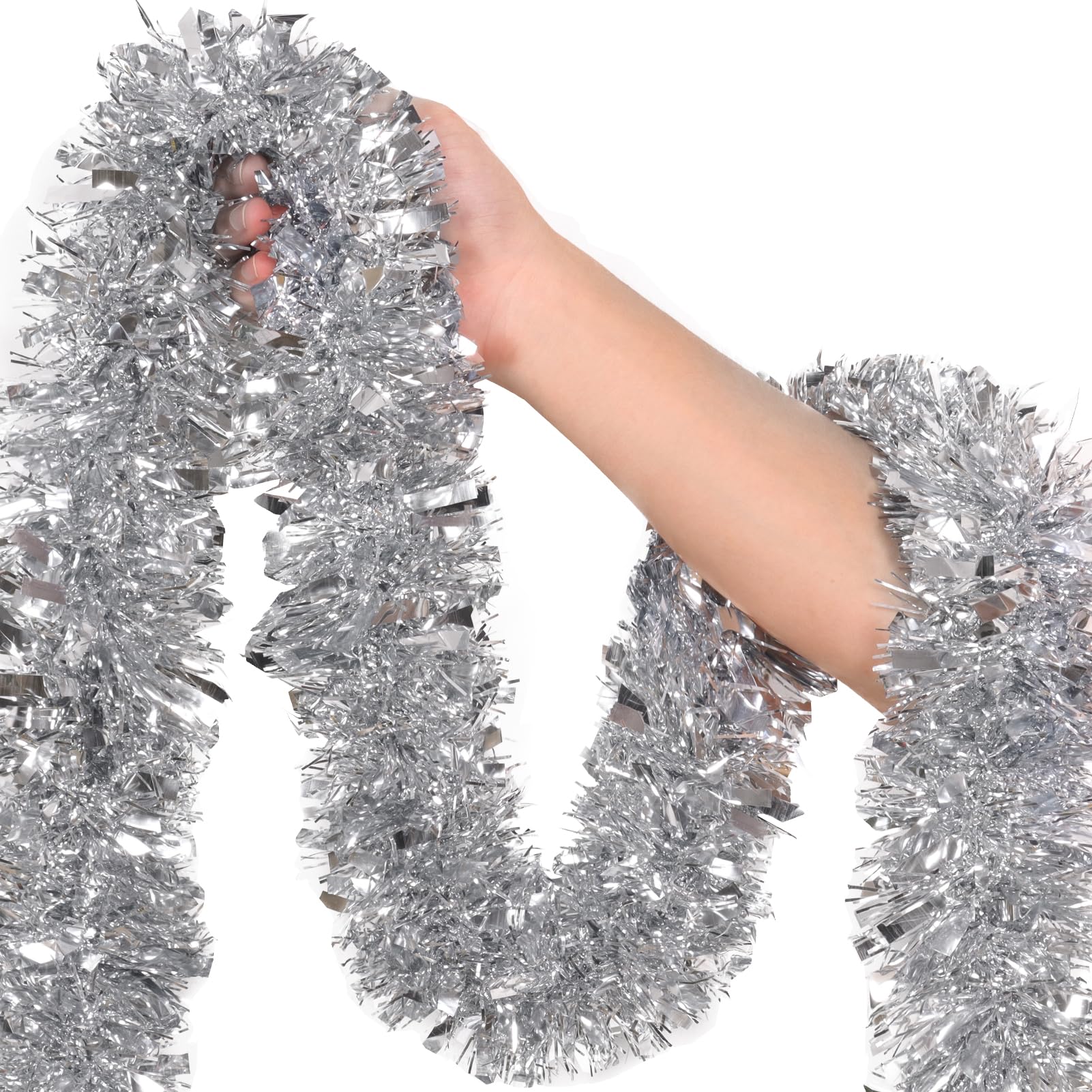 50Ft Silver Christmas Garland Decorations,Xams Tinsel Stems Non-Lit Soft Twist Garland Decor for Tree Stairs Railing Front Door 