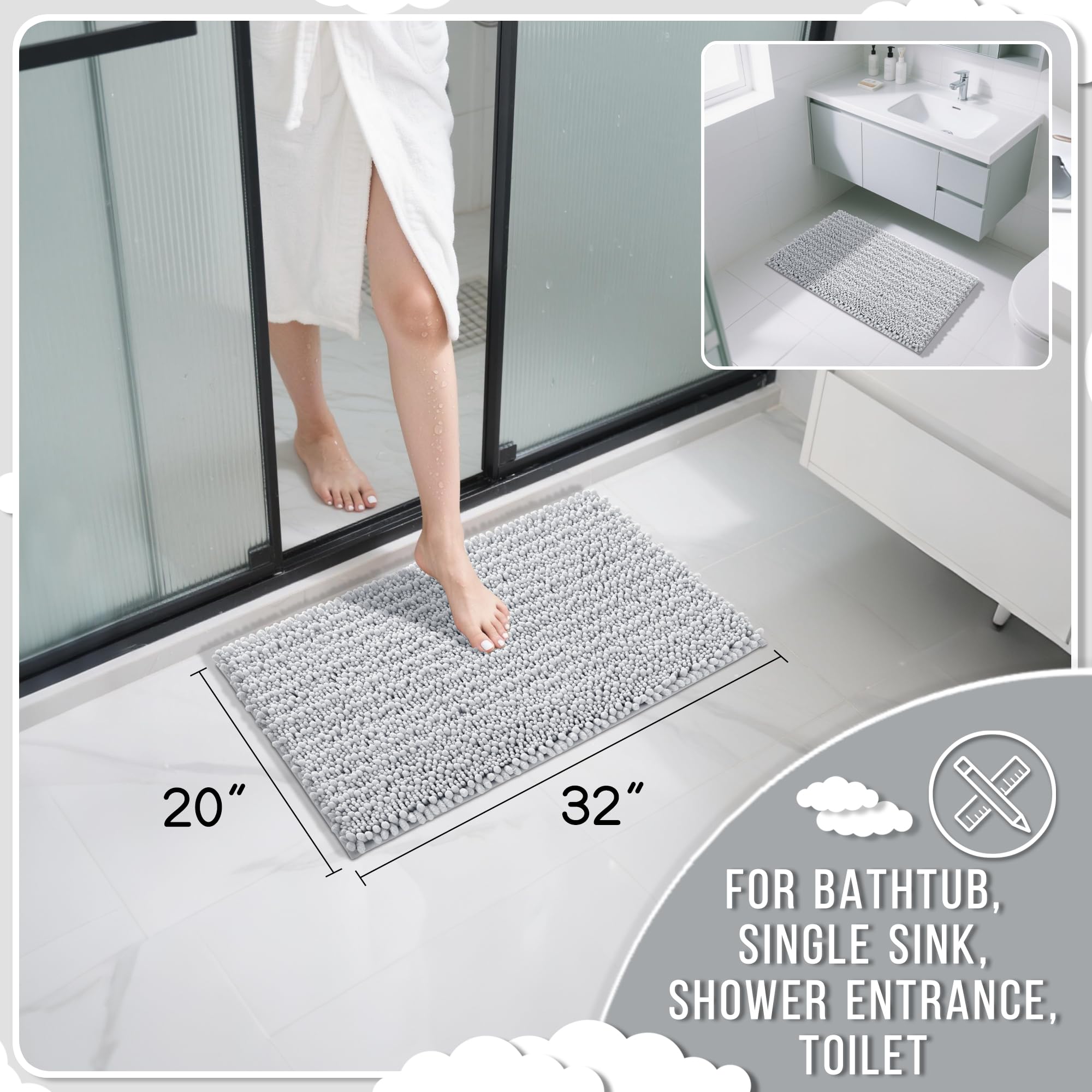 Yimobra Original Luxury Chenille Bath Mat  32 x 20 Inches  Soft Shaggy and Comfortable  Large Size  Super Absorbent and Thick  Non-Slip  Machine Washable  Perfect for Bathroom  Silver