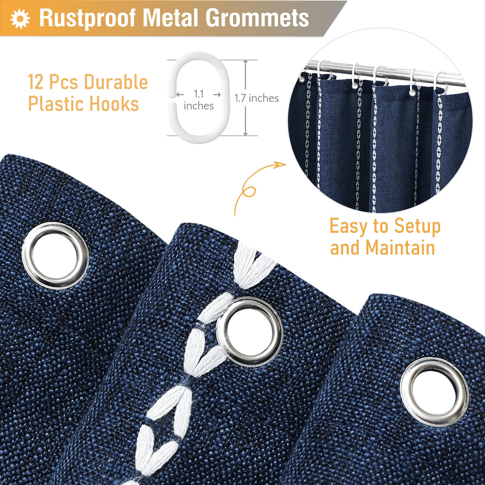 Bttn Boho Farmhouse Shower Curtain - Linen Rustic Weighted Striped Fabric Shower Curtain Set With Tassel, Water Repellent, Bohem