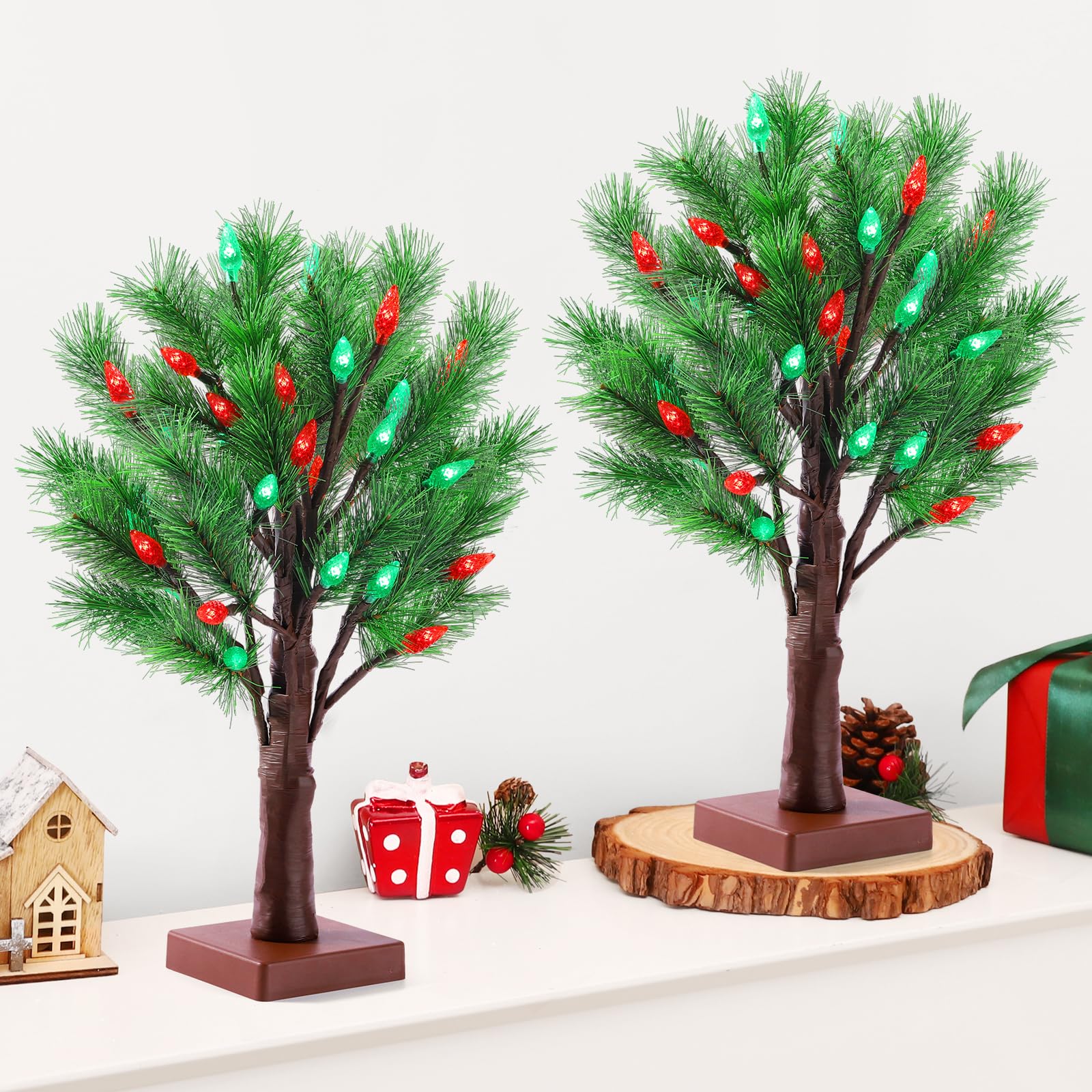 2 Pack Christmas Decorations Indoor Artificial Lighted Christmas Tree with C6 Strawberry,Total 48 LED Battery/USB Operated Pine 