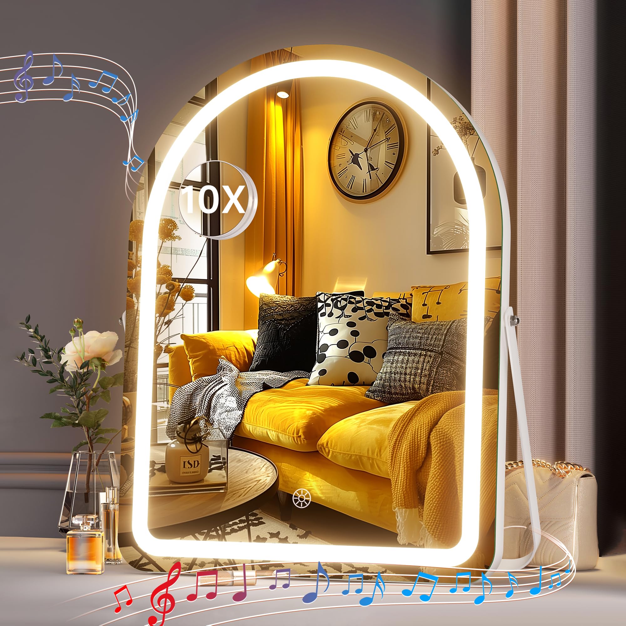 Hasipu Vanity Mirror With Lights And Bluetooth Speaker, 14''  18'' Arched Led Makeup Mirror, Lighted Makeup Mirror With Lights,