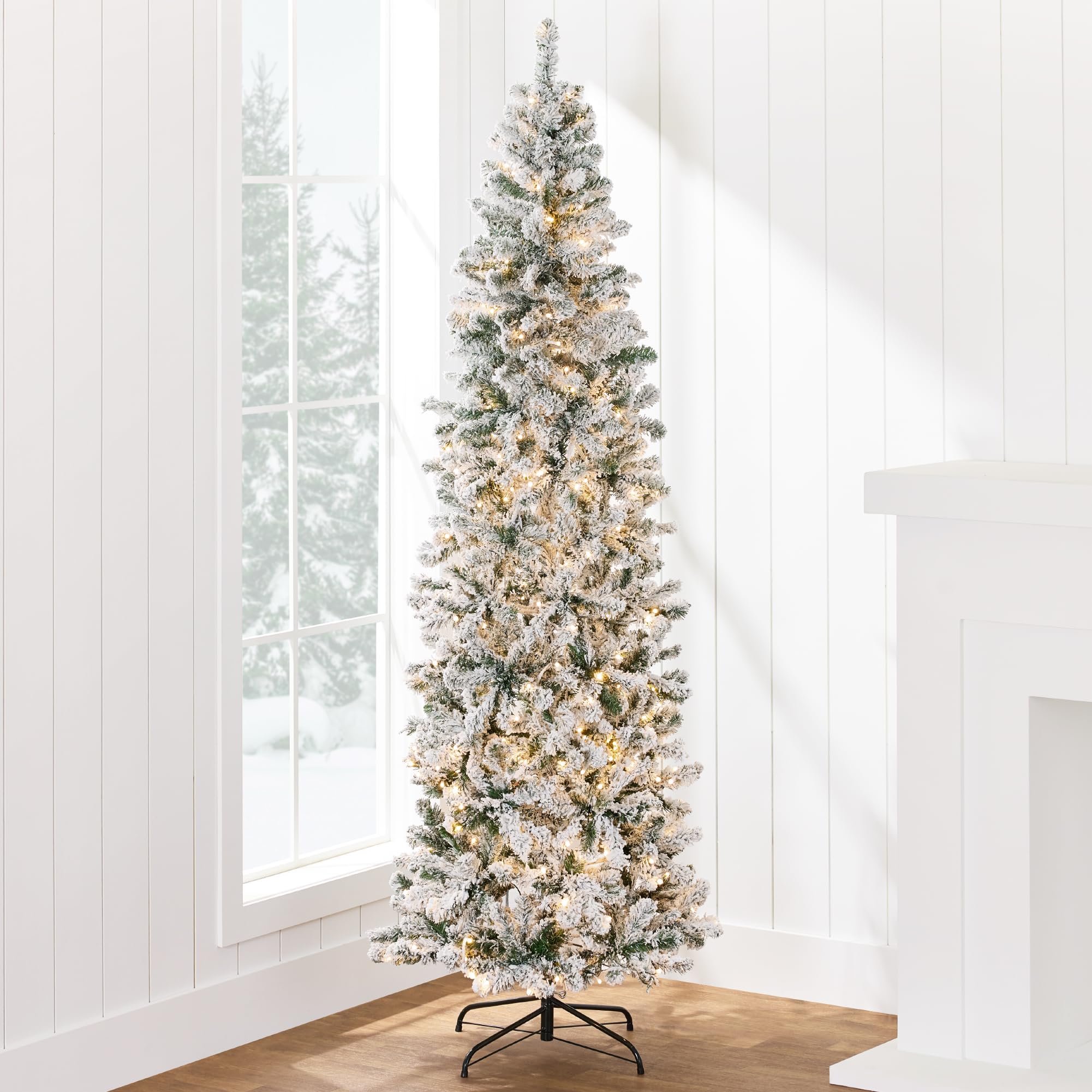 Best Choice Products Flocked Pencil Christmas Tree, Pre-Lit Slim Artificial Holiday Decoration, 12ft Lighted Skinny w/Base, Warm