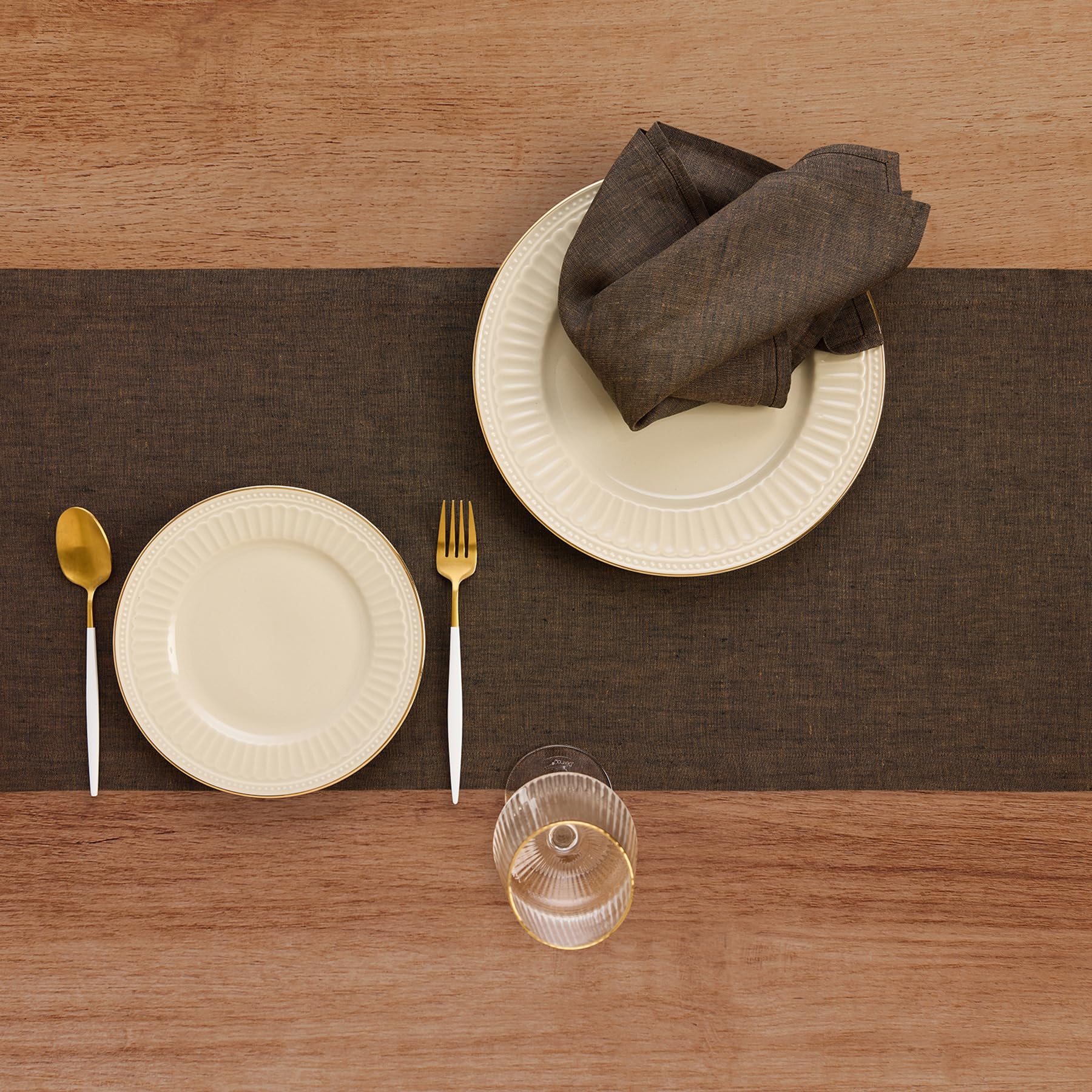 Solino Home Linen Chambray Brown Table Runner 132 Inches Long - Athena, 100% Pure Linen Dining Table Runner 14 x 132 Inch for Fa