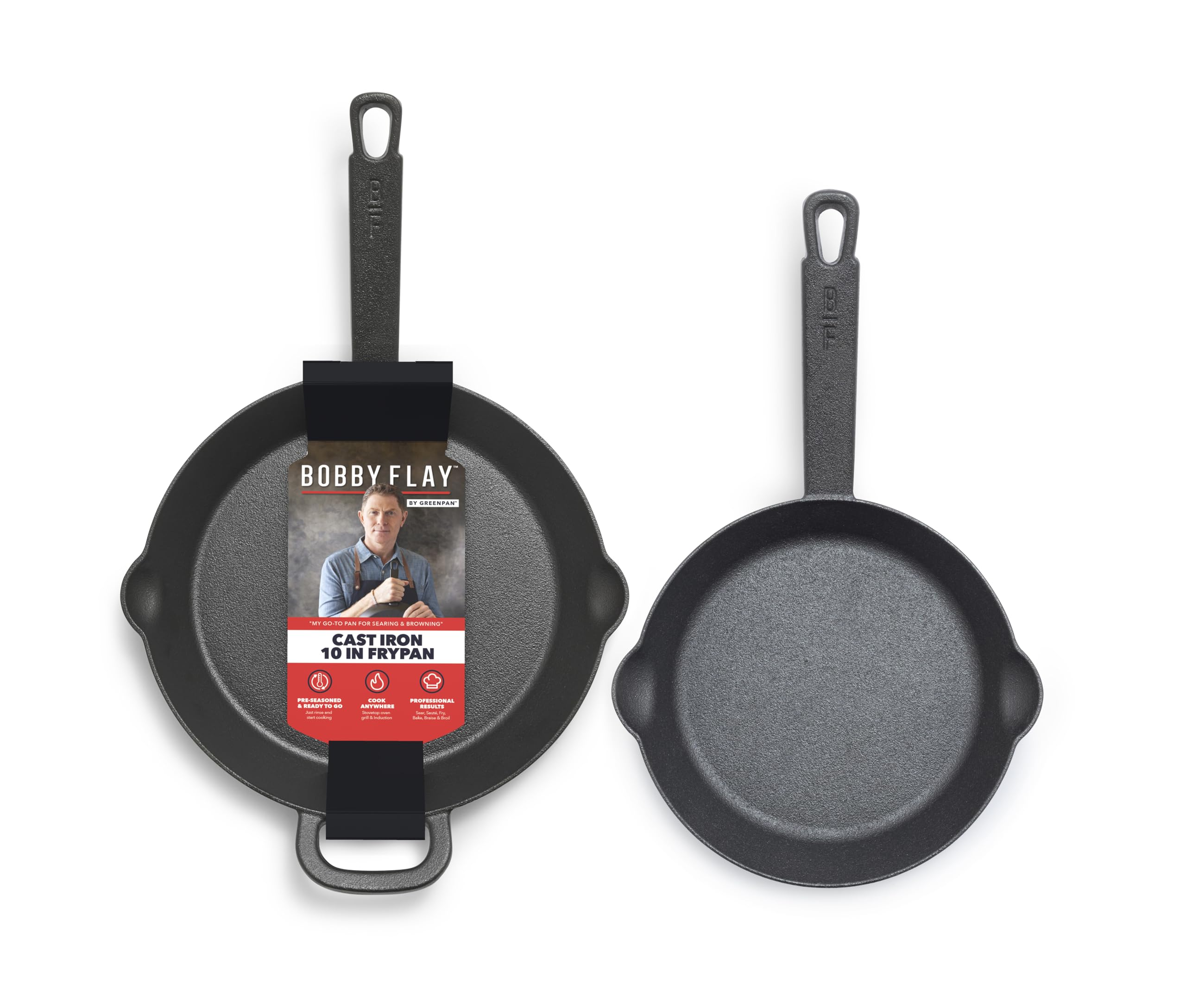 GreenPan x Bobby Flay Cast Iron Skillet Set, 8    &10    Pre-Seasoned Frying Pans, Pour Spouts, Induction Compatible, Oven, Gril