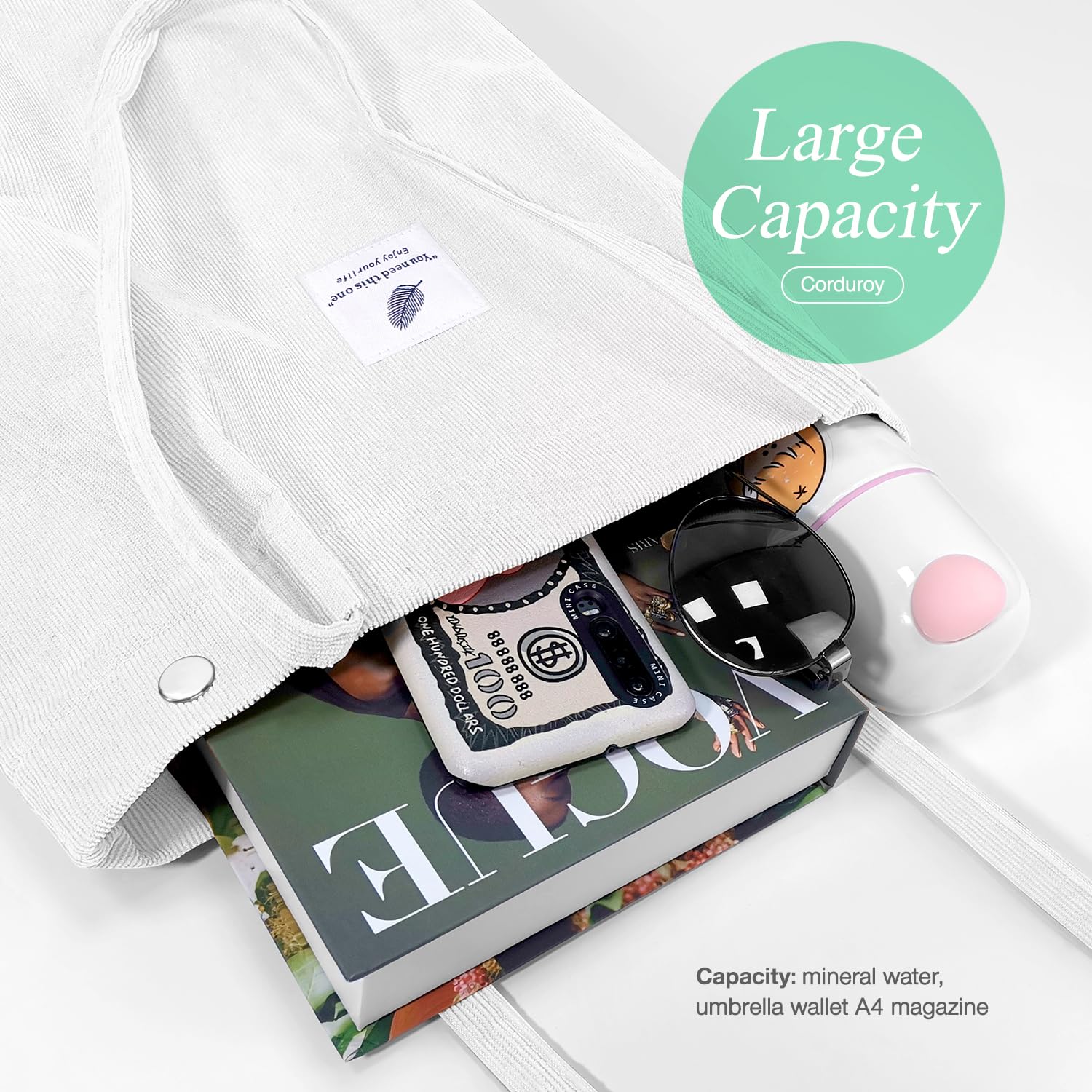 Lhmtqvk Corduroy Tote Bags For Women, Large Capacity Corduroy Bag Reusable Grocery Shoulder Bag With Inner Pockets (White)