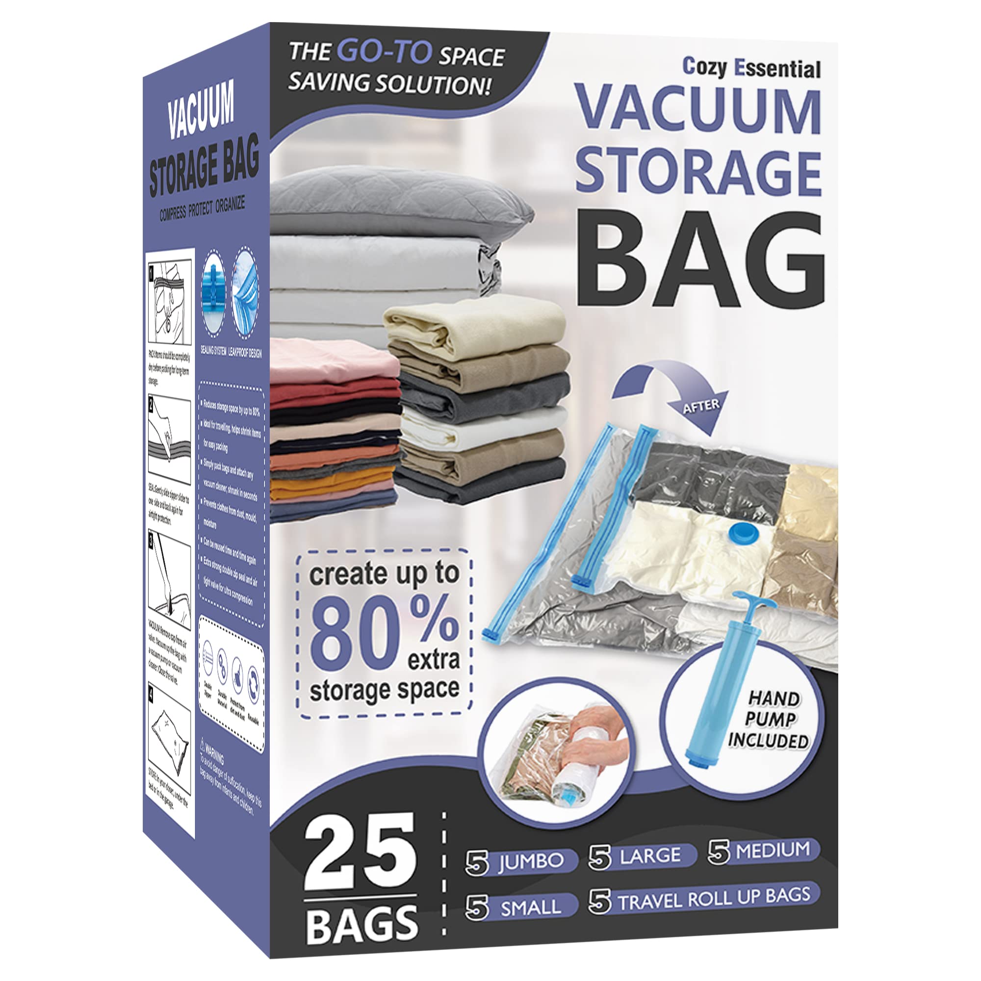 25 Pack Vacuum Storage Bags, Space Saver Bags (5 Jumbo/5 Large/5 Medium/5 Small/5 Roll) Compression Storage Bags For Comforters