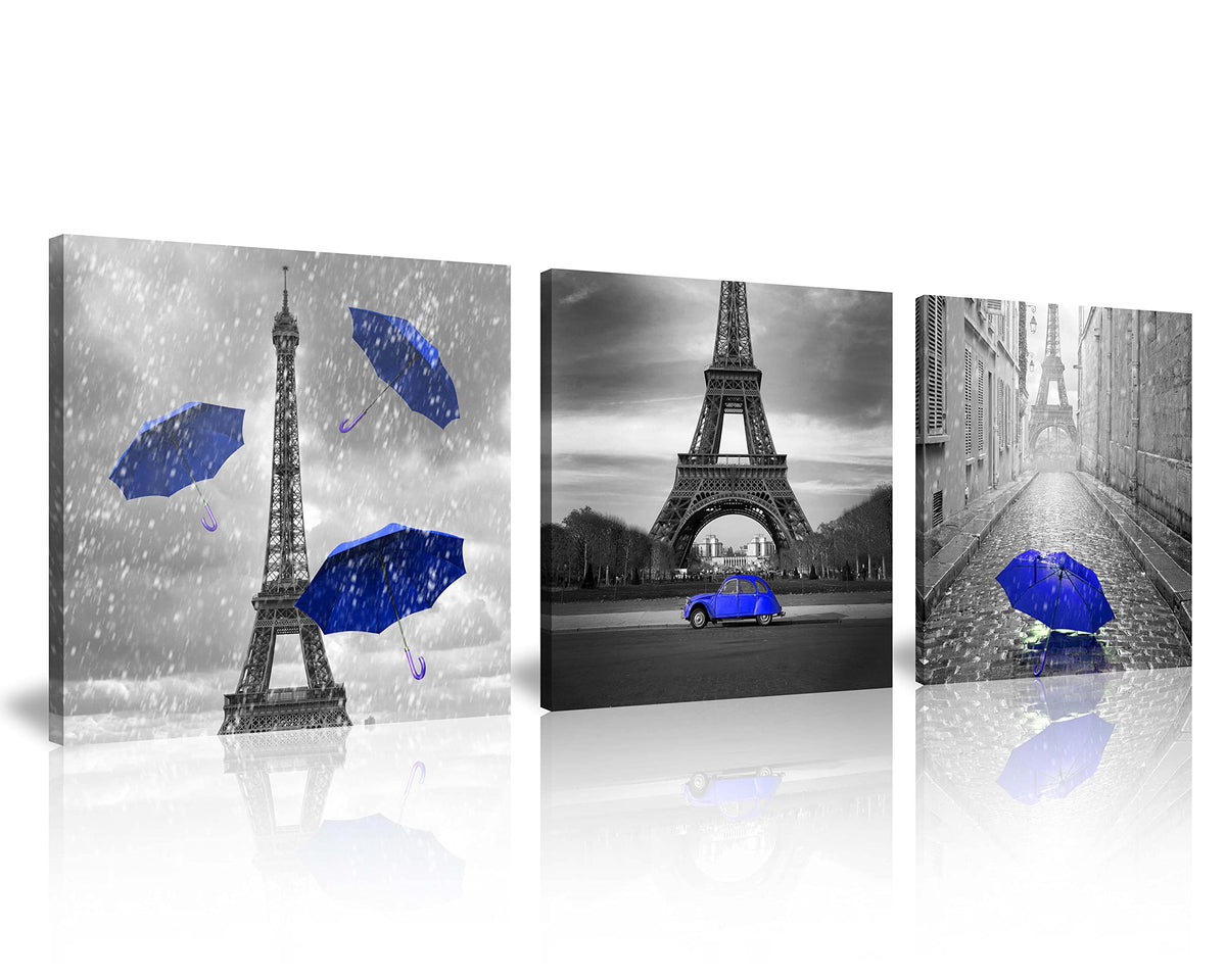 Nan Wind 3 Pcs Black And White Canvas Wall Art For Living Room Bedroom Bathroom Girls Dark Blue Paris Theme Room Decor Oil Paint