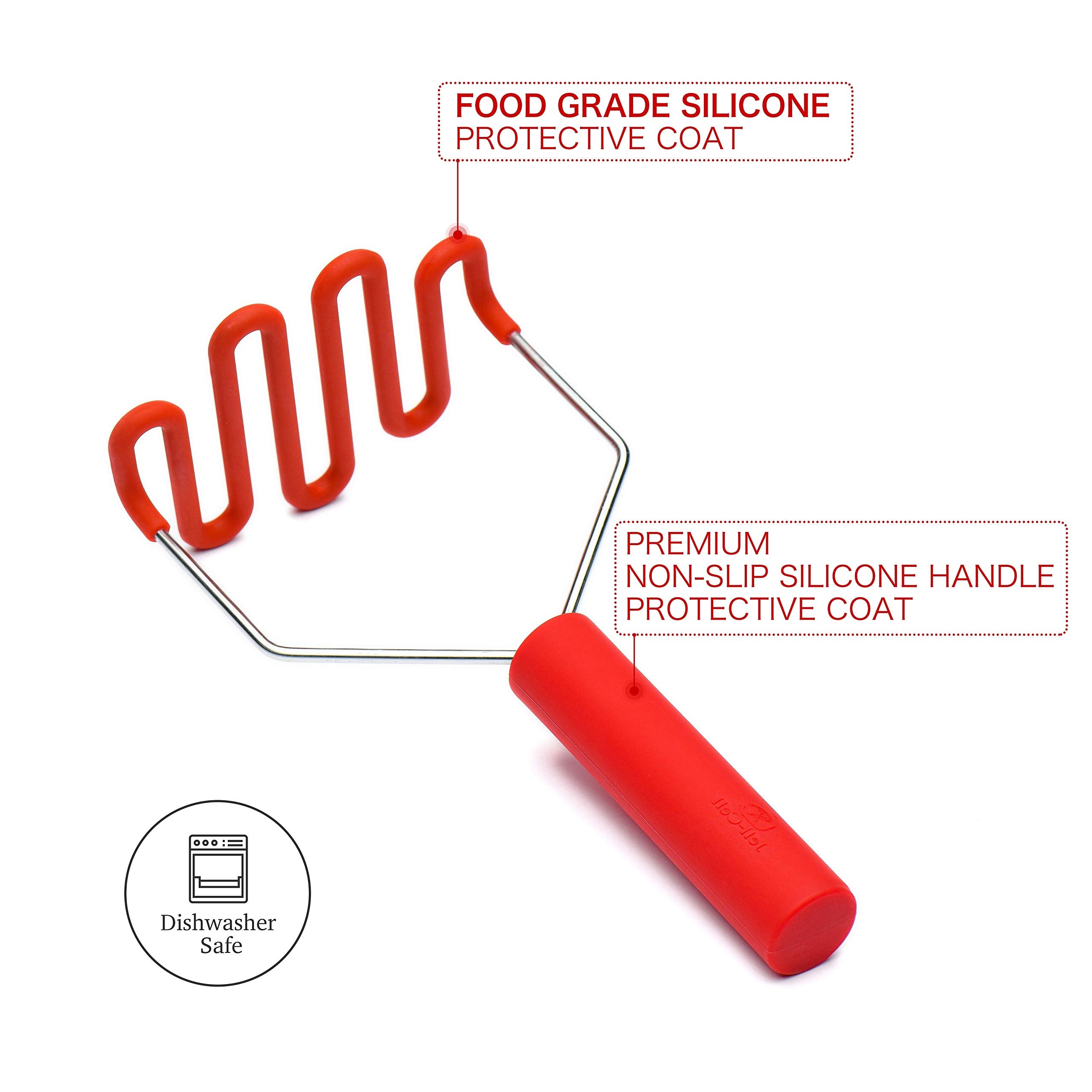 Jell-Cell Potato Masher - Silicone Protect Body With Premuim Stainless Steel Non-Scratch Cookware For Smooth Mashed Potato Veget