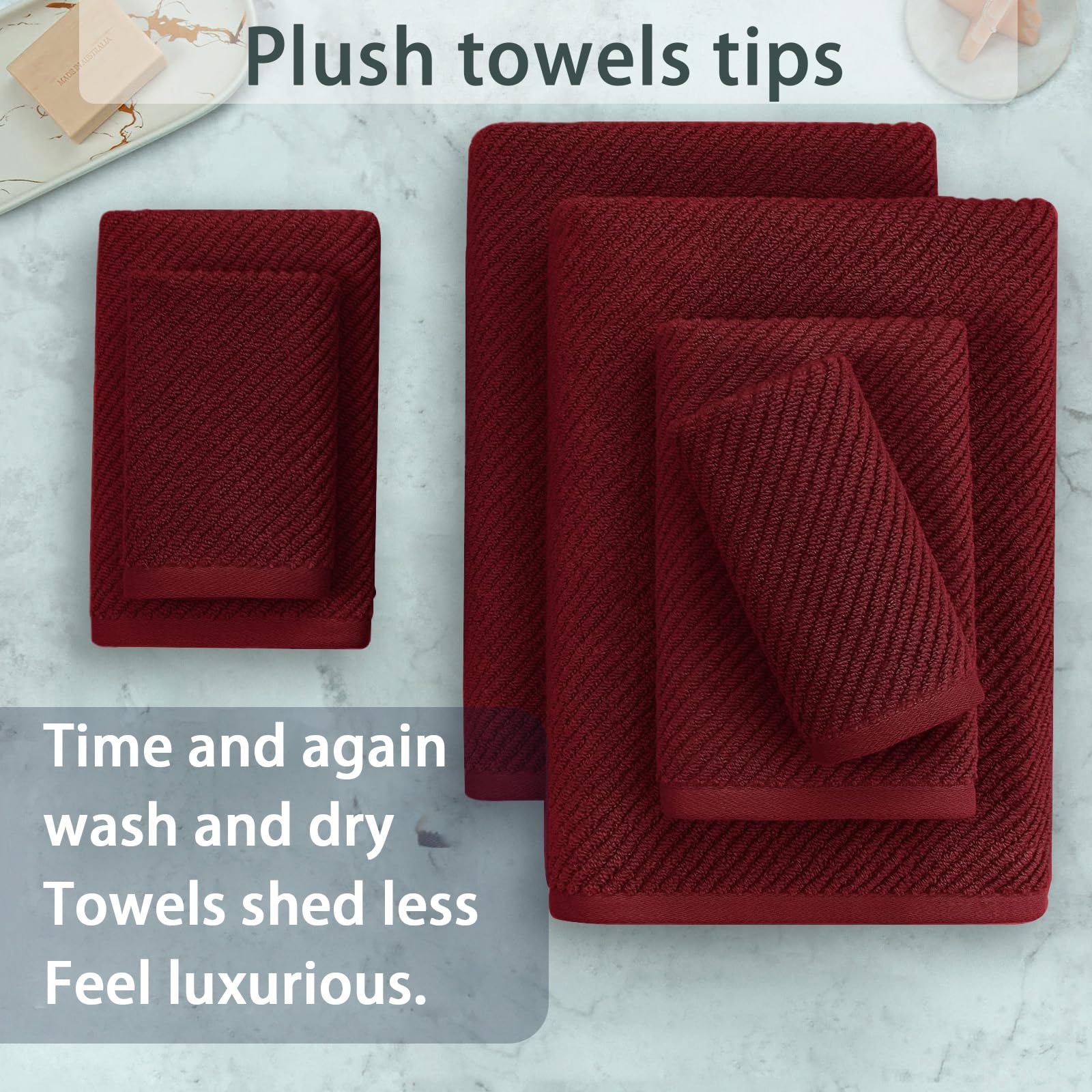 VOOVA & MOVAS Red Towels Bathroom Set  6 Piece Gift Set 2 Bath Towels 30''?6''  2 Hand Towels 18''?8''  2 Washcloths 13''?3''   100% Cotton  Large  Soft  Quick Dry Christmas Bathroom Decor