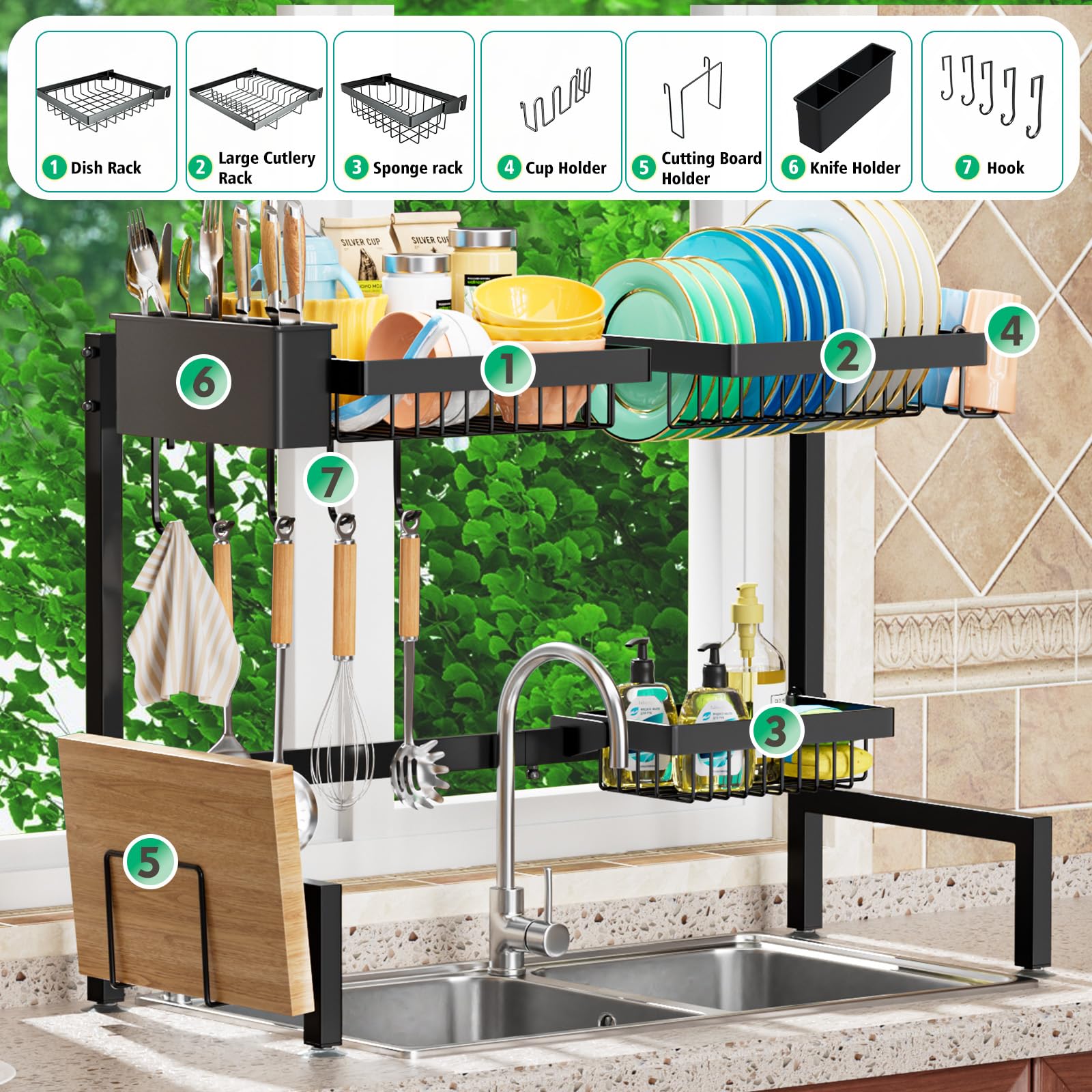Yklslh Over The Sink Dish Drying Rack 2 Tiers, For All Sinks (24.8-35.4),Expandable Large Capacity Sink Rack, Metal Drying R