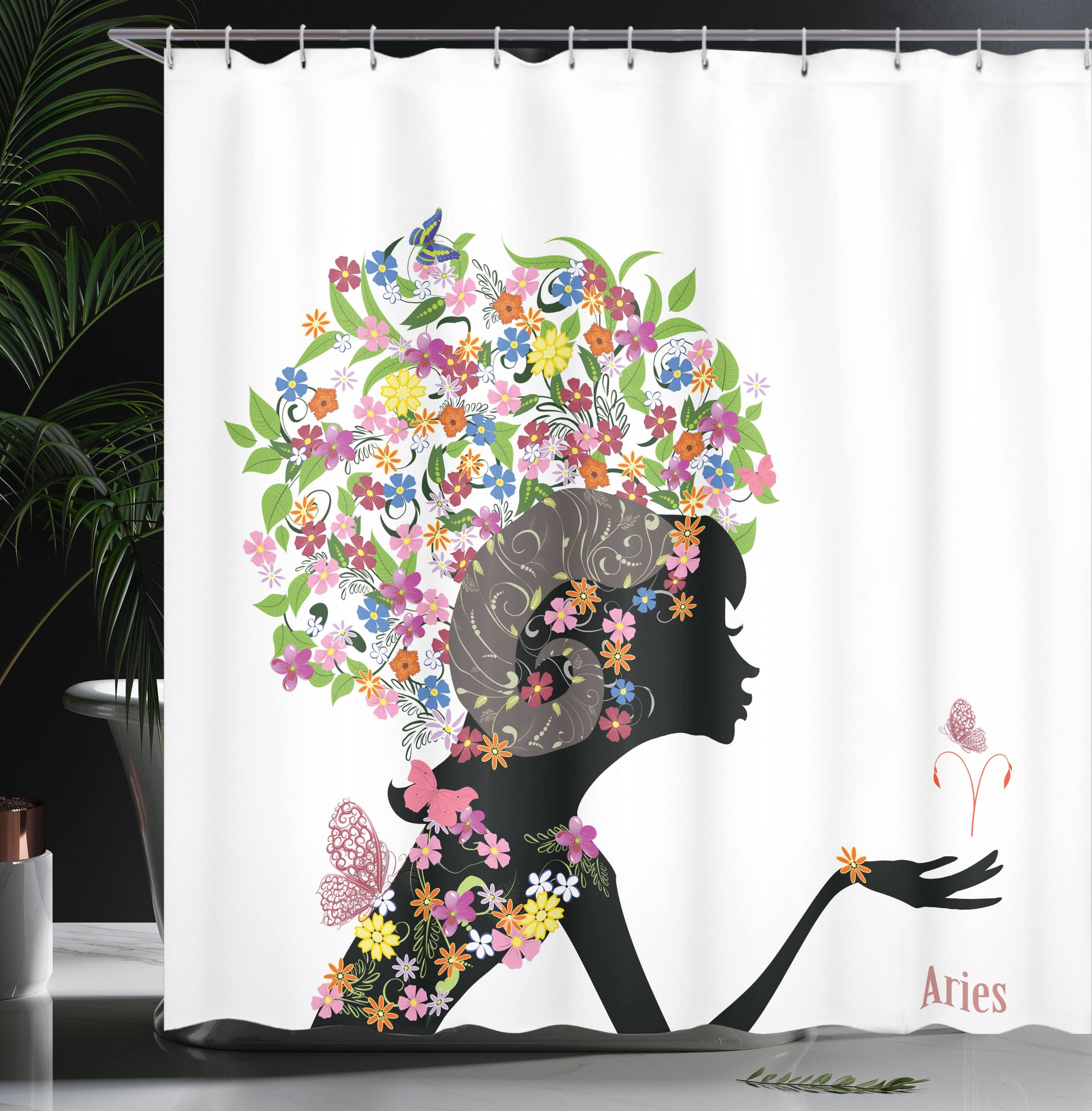 Ambesonne Zodiac Aries Shower Curtain, Fashion Girl Aries Woman With Horns Floral Dress Lively Blossoms Butterflies, Cloth Fabri