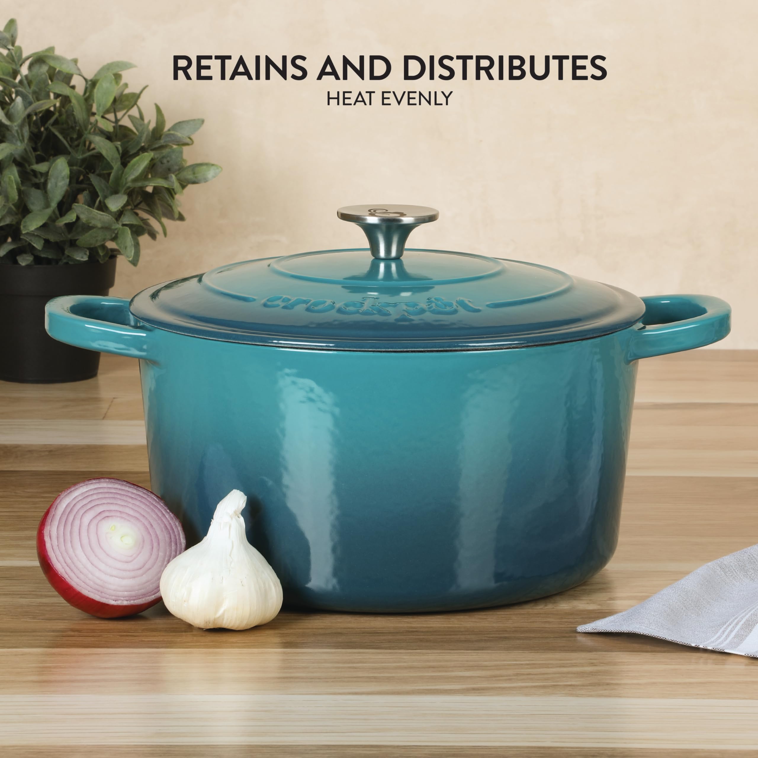 Crock Pot Artisan 6-Quart Round European Enameled Cast Iron Dutch Oven Pot With Lid -Teal Ombre
