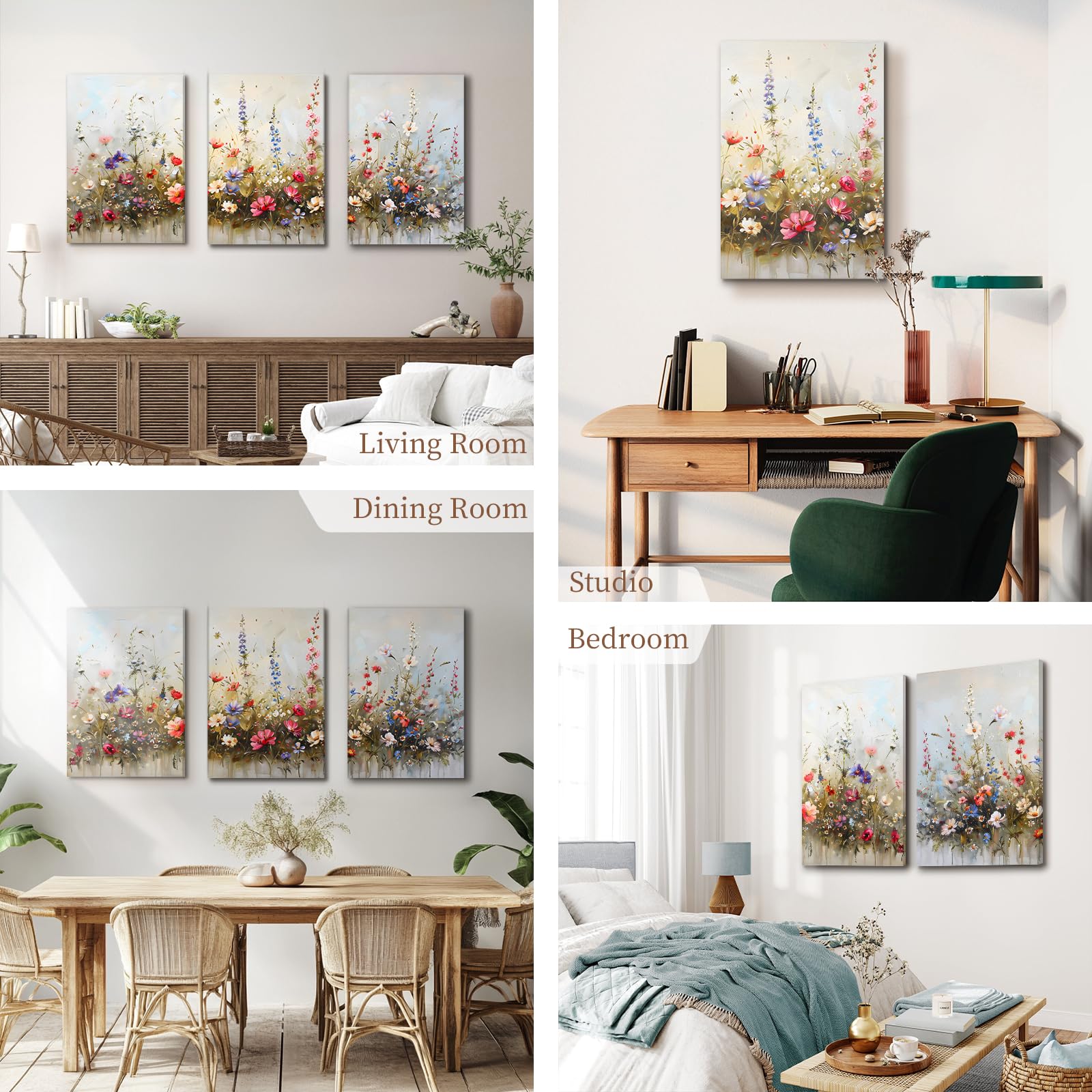 Serimino Large Wall Art For Living Room Canvas Prints, Nature Floral Botanical Wall Art Set 3 Piece Farmhouse Decor, Misty Flowe