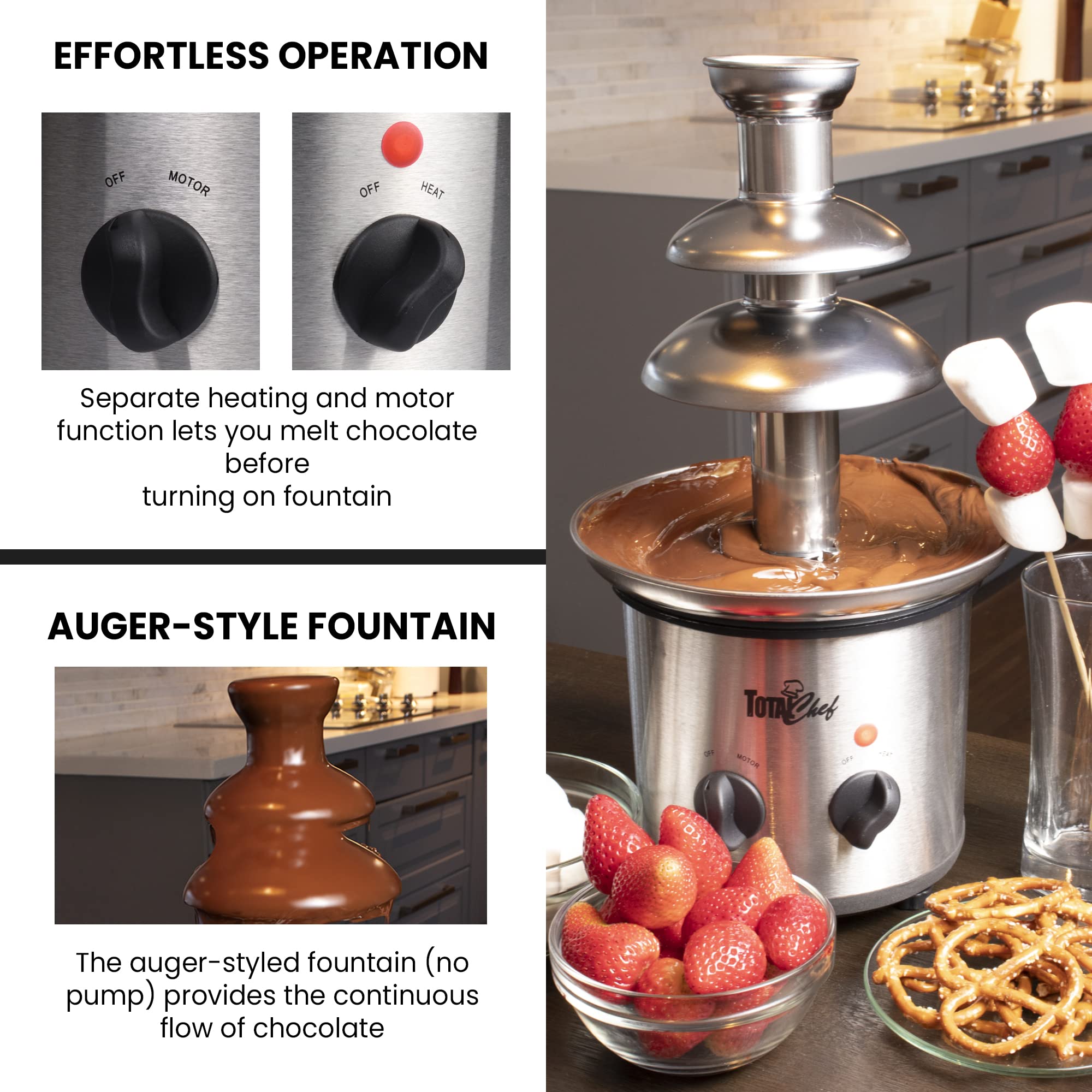 Total Chef 3 Tier Electric Chocolate Fondue Fountain Machine Stainless Still Huge 1.5 Lbs Adjustable Temperature Ideal For Birth
