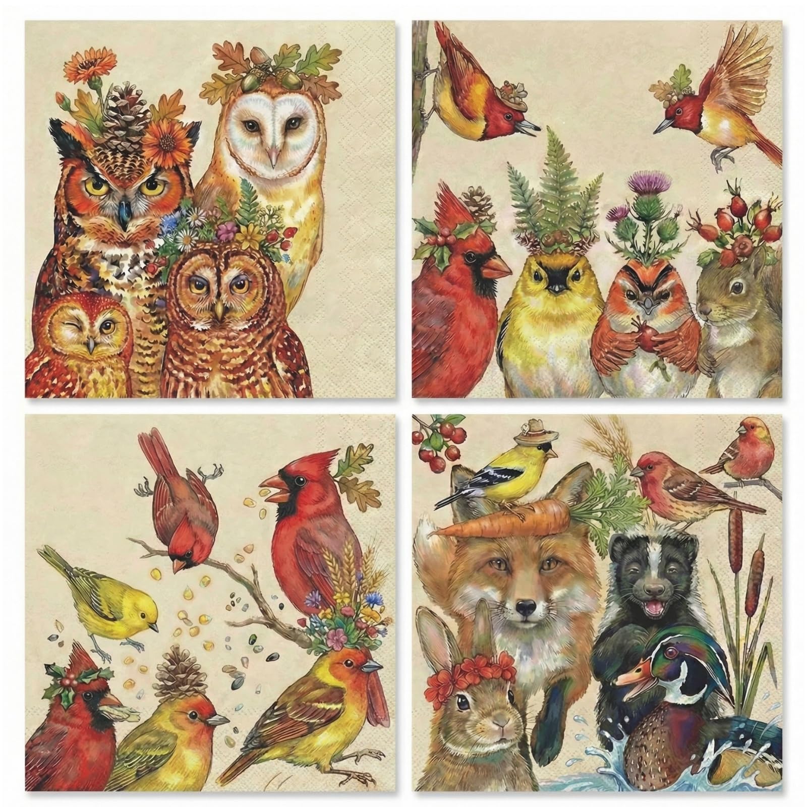 Khen Woodland Napkins, 100 Pack 4 Designs, 5" x 5" Folded Beige Square Disposable