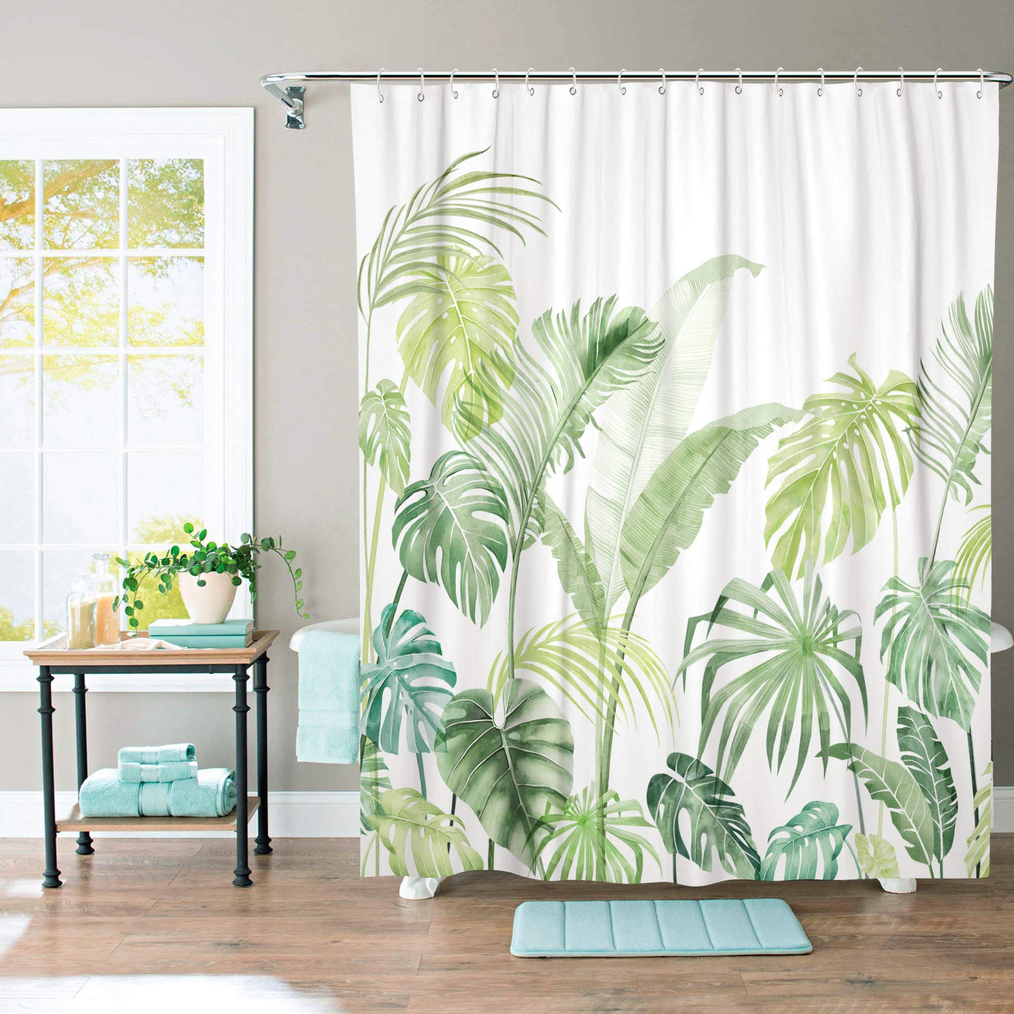 Lifeel Tropical Shower Curtain, Leaves Jungle Shower Curtain Palm Bathroom Shower Curtain Set Heavyweight With 12 Hooks, Green W