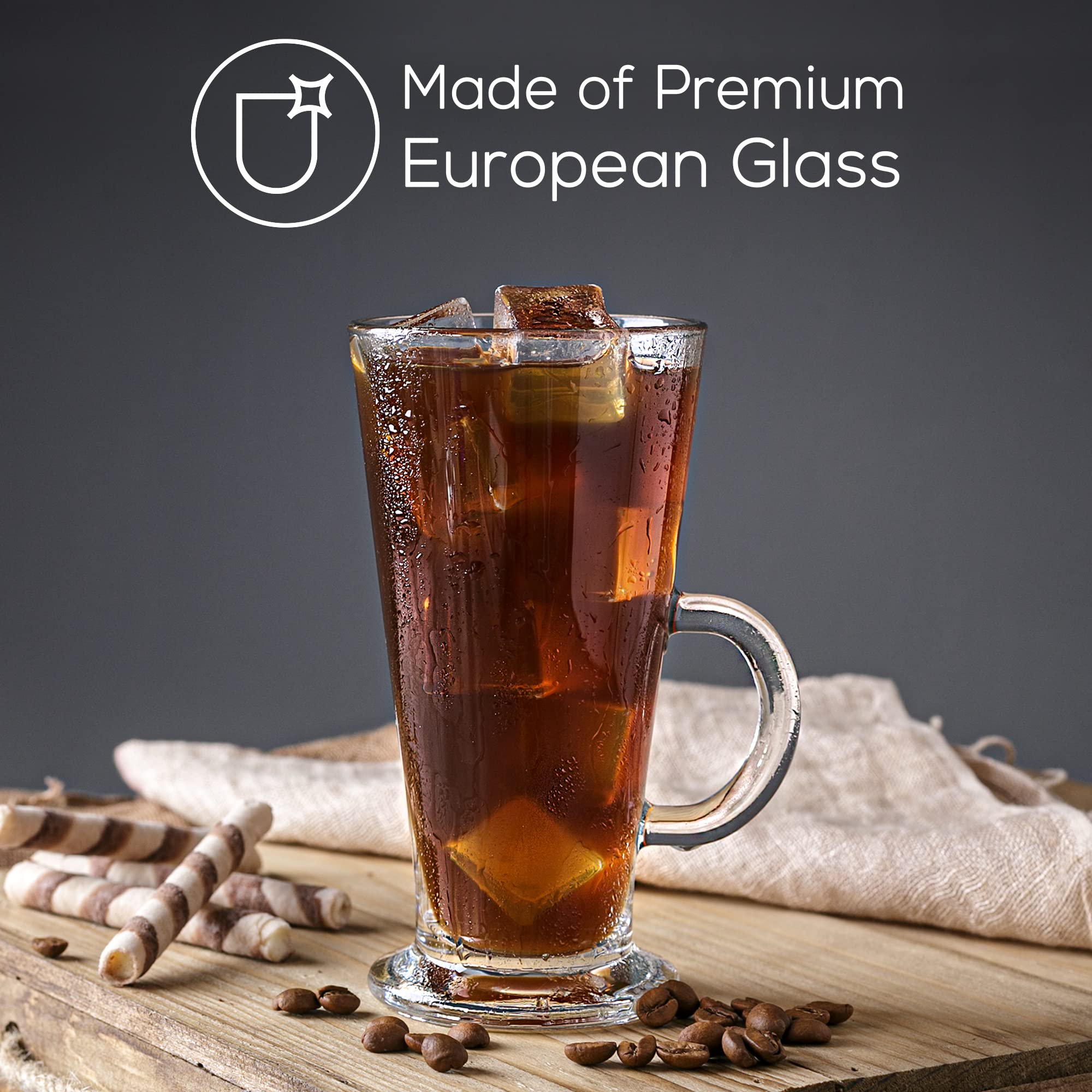 Crystalia Tall Irish Coffee Mugs With Handle, Large Colombian Glasses Set Of 2, Tall Funnel Clear Glasses For Iced Coffee, Latte