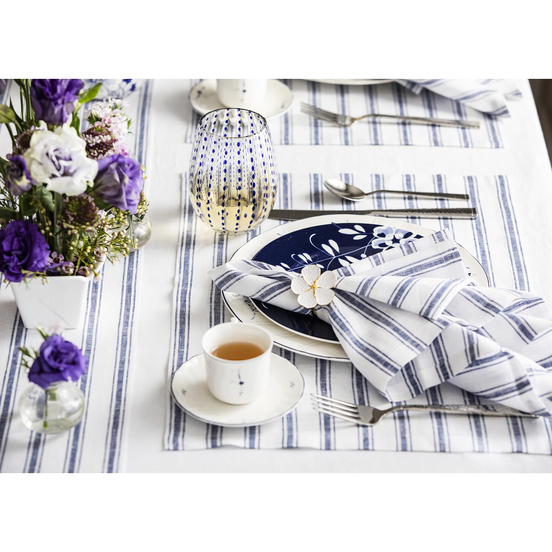 Solino Home Stripe Linen Placemats 19'' L X 14'' W Inch - 100% Pure Linen Navy And White Cloth Placemats Set Of 6 - Capri Tickin