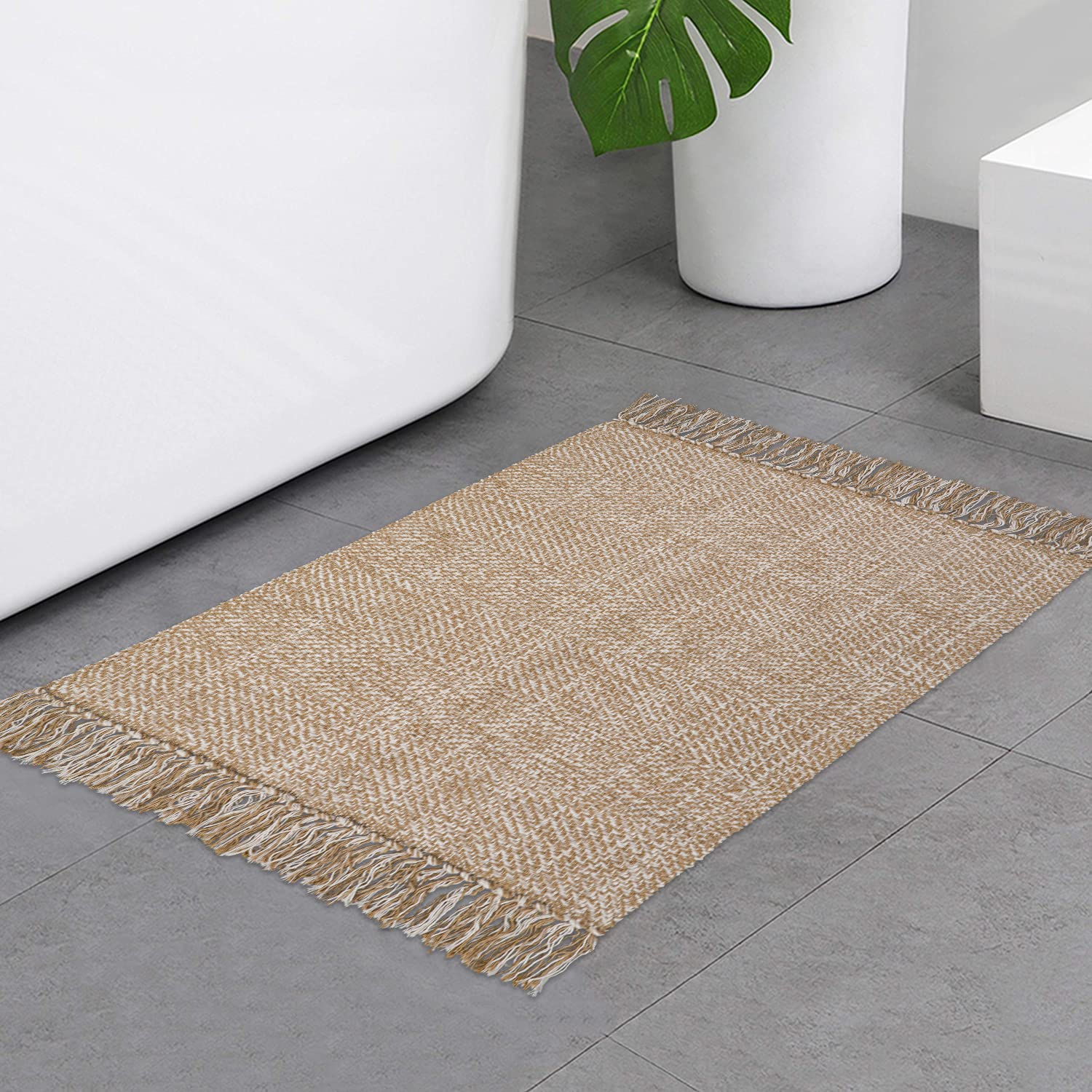 Collive Small Bathroom Rug, 2 x 3 Hand-Woven Low Profile Front Entryway Rug, Tan Cotton Reversible Washable Kitchen Mat Modern
