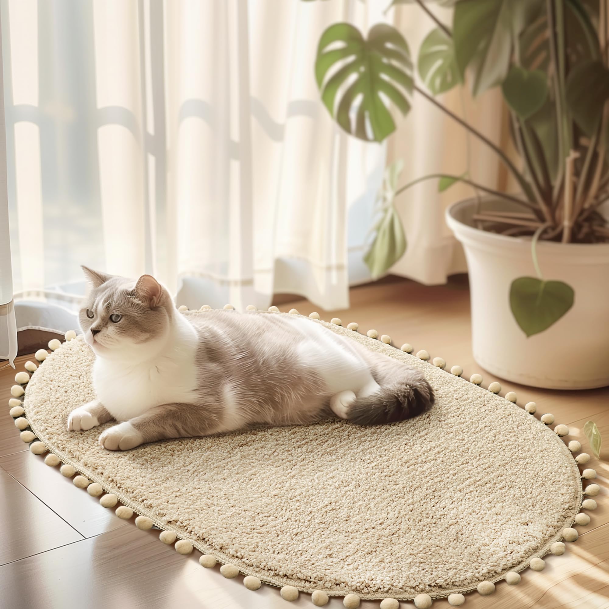 Yirddeo Oval Bathroom Rugs Beige Rug With Pom Cream Bath Mat For Bedroom Non Slip Cute Boho Absorbent Mats Soft Plush Washable R