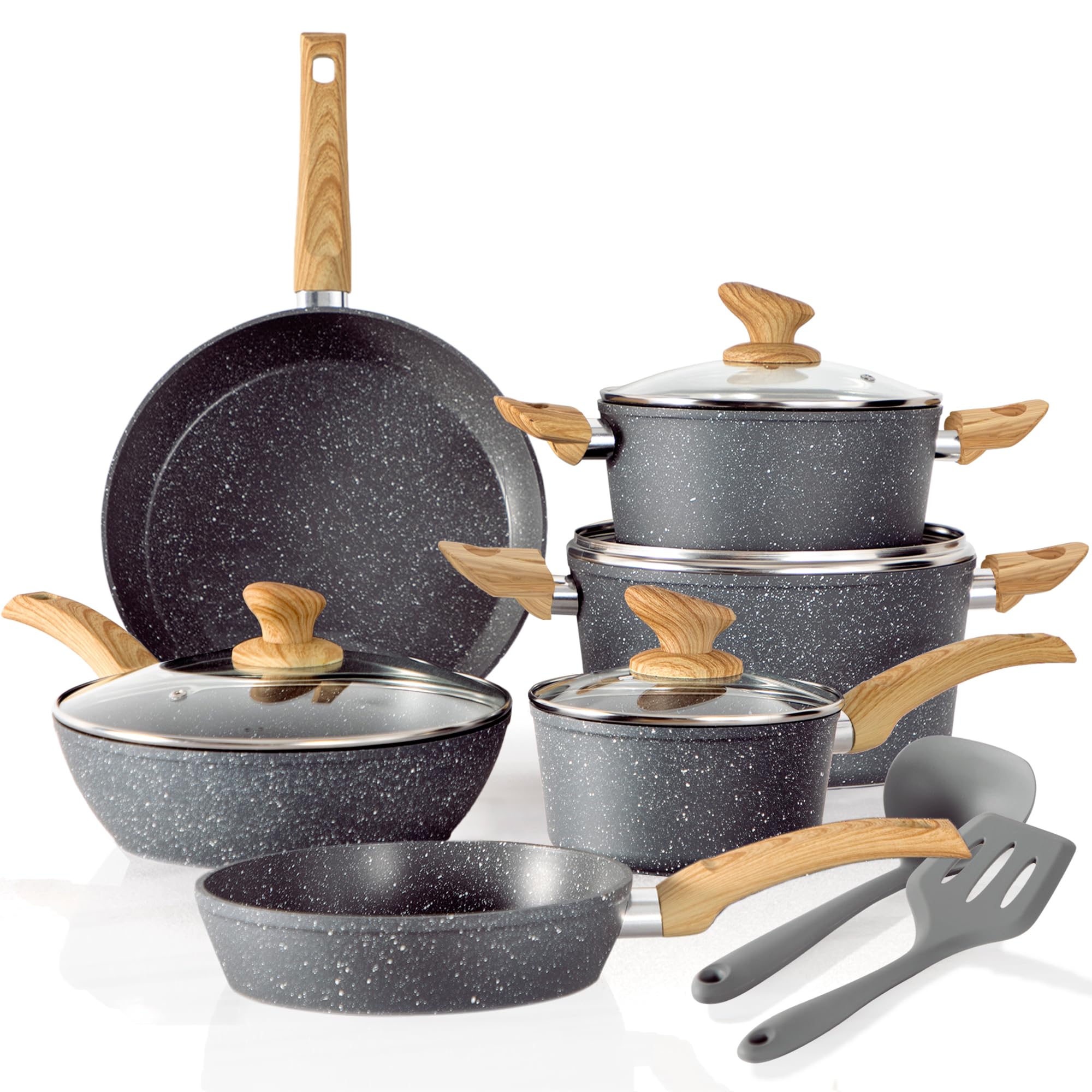 Kitchen Academy Induction Cookware Sets - 12 Piece Gray Cooking Pan Set, Granite Nonstick Pots and Pans Set
