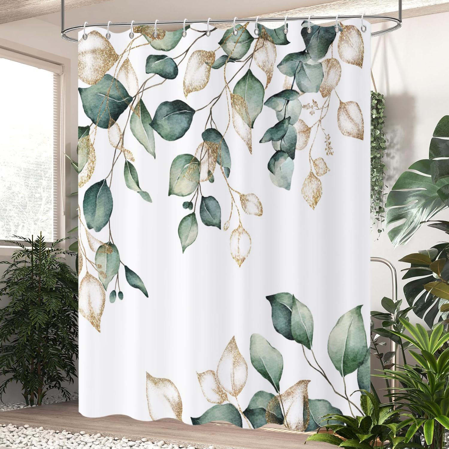Caheansi Sage Green Leaf Shower Curtain, Green And Gold Eucalyptus Leaf Botanical Watercolor Plants Spring Bathroom Curtain Wate