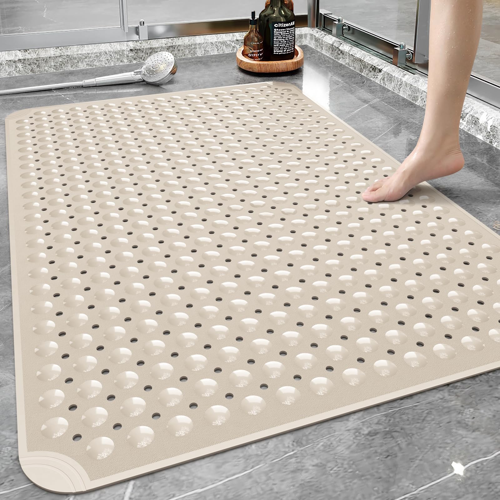Yolife Extra Large Shower Mat, 34.3'' L X 23.3'' W Tpe Anti Slip Stand Up Shower Mat With Drain Holes And Suction Cups, Large Si