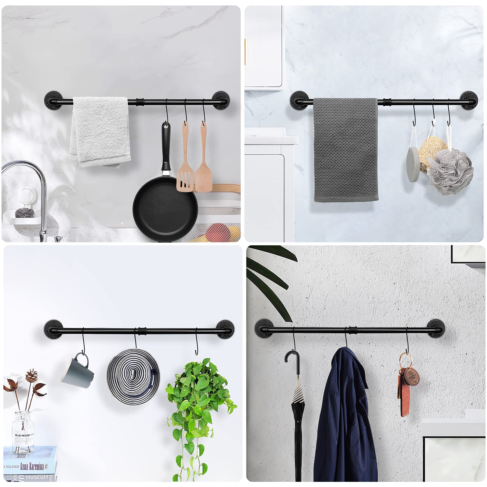 Jeasor Industrial Pipe Towel Rack Towel Bar, Heavy Duty Wall Mounted Rustic Farmhouse Bath Towel Holder For Bathroom (Black, 32