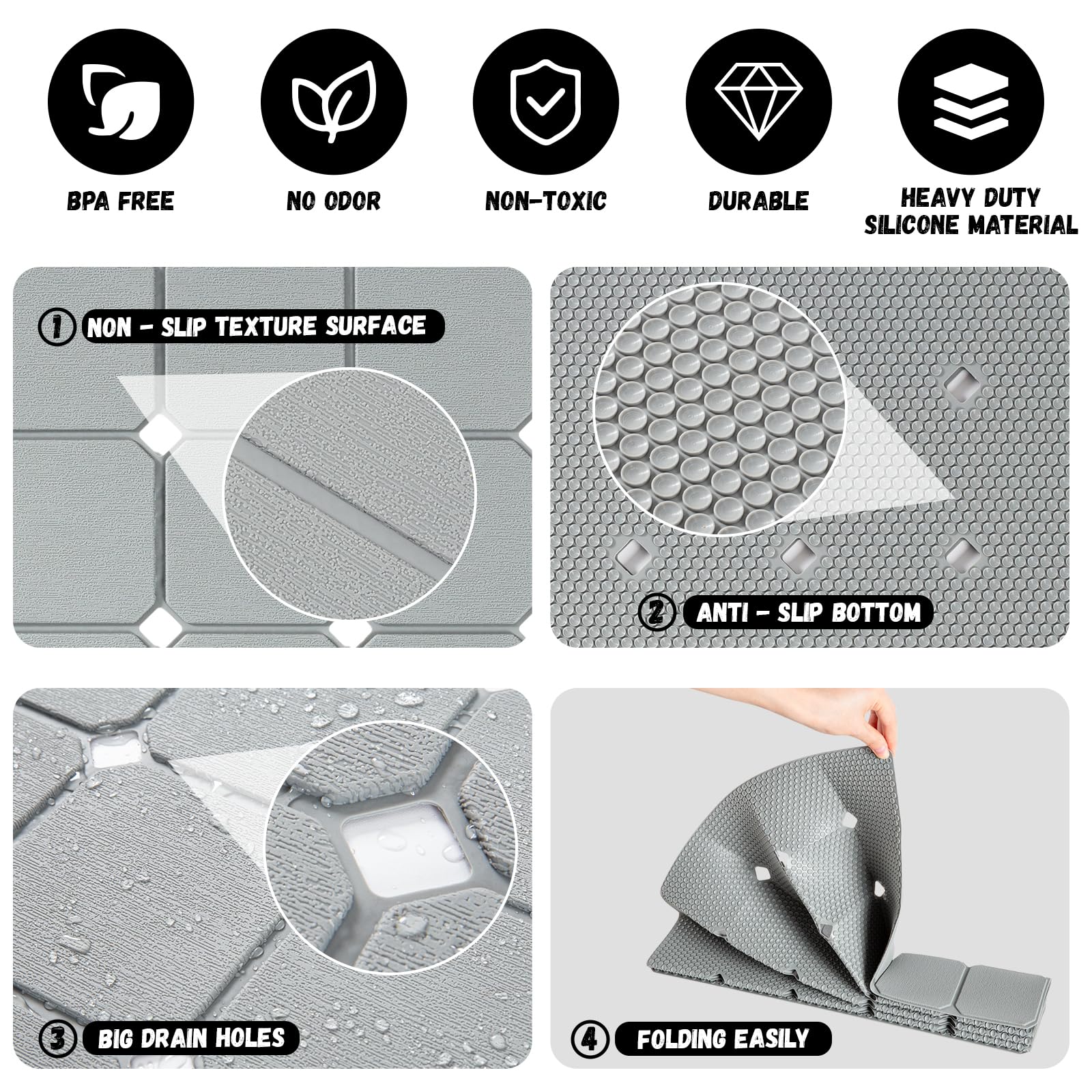Kinbear Bath Mat For Textured Tub: Silicone Bathtub Mat Foldable Shower Mat Non Slip Tub Mat No Suction Cups 28 X 17.7Inch - Gre