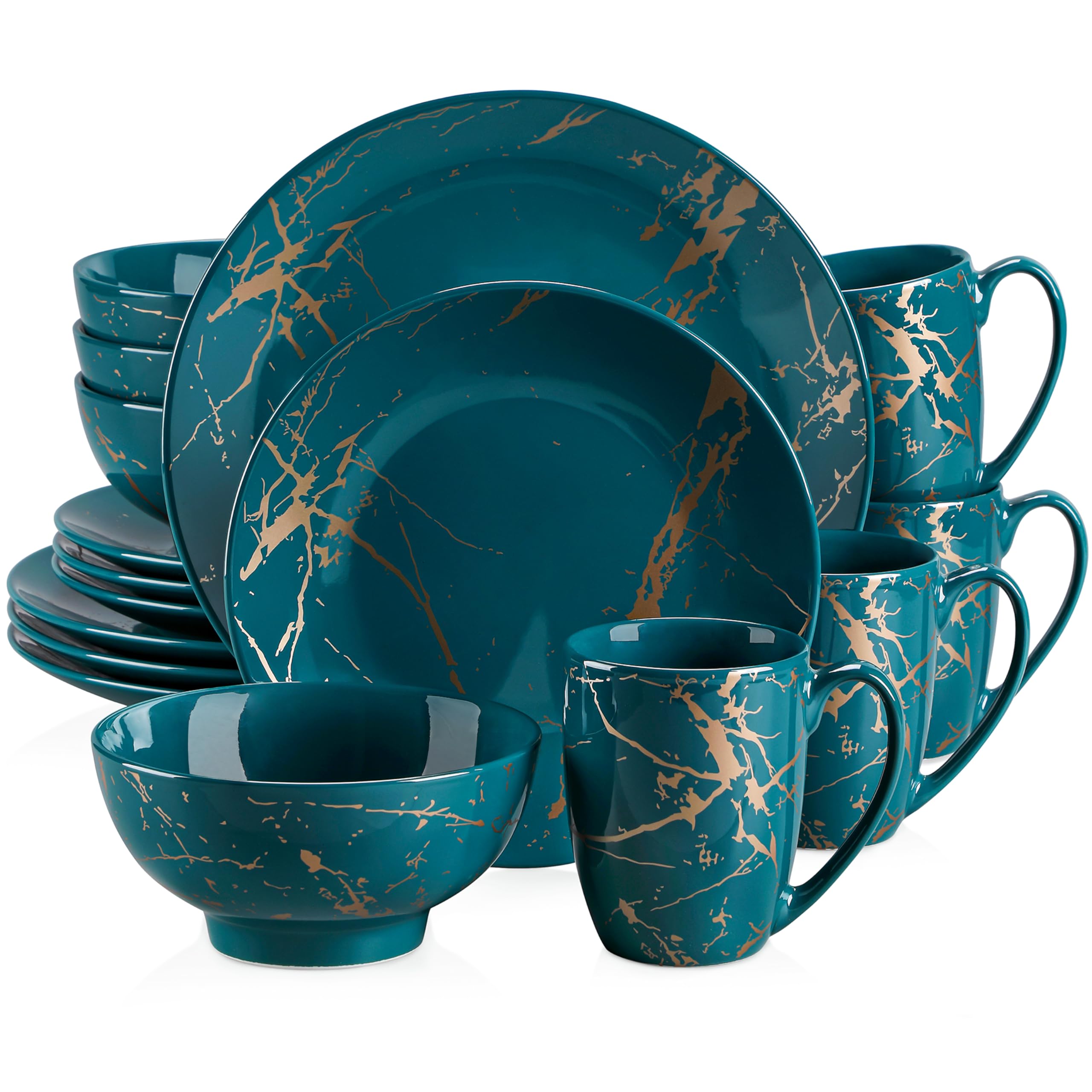 LOVECASA Porcelain Dinnerware Set for 4, 16 Piece Plates and Bowls Sets Color Glaze with Gold Plate Dish Set, Kitchen Dinner Set