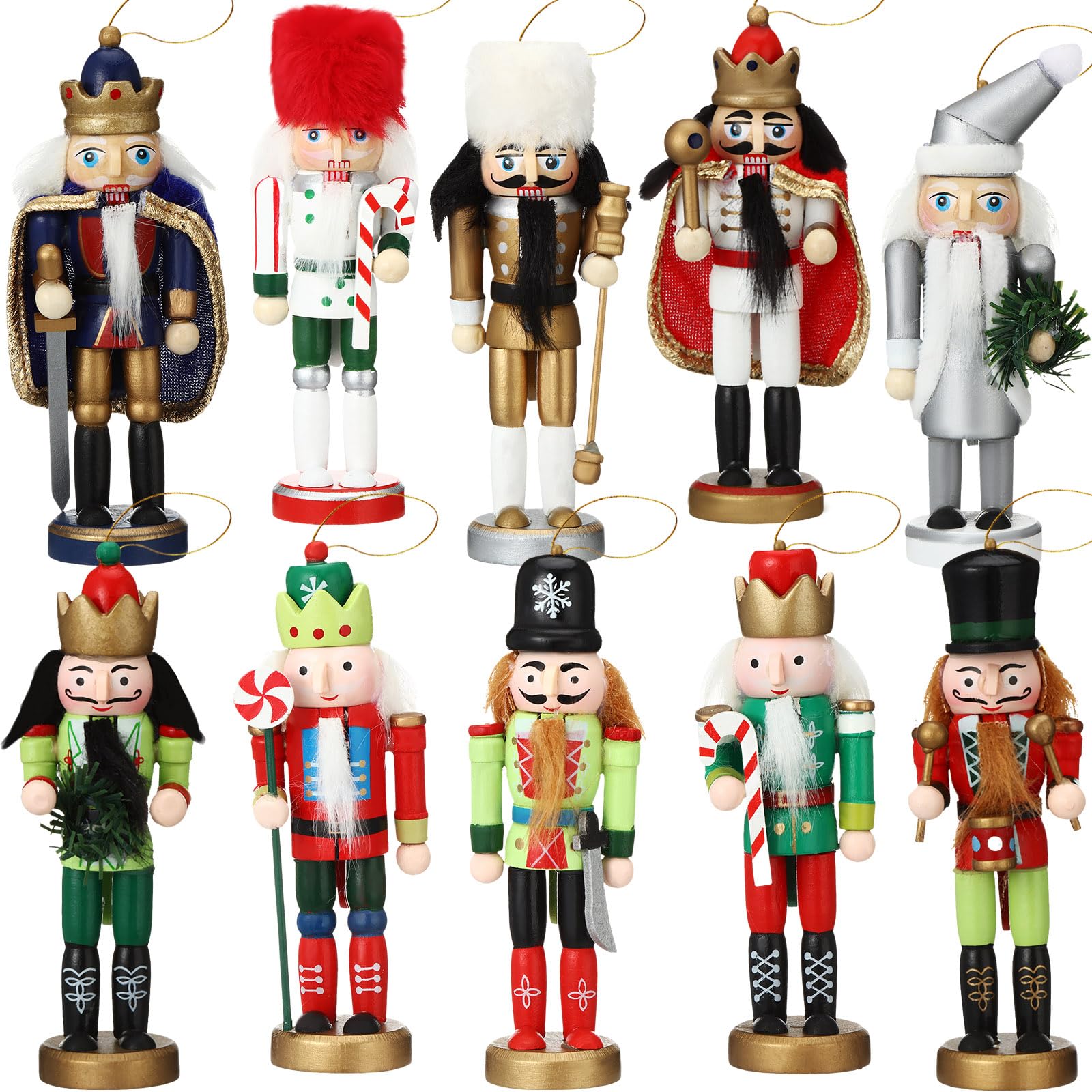 Syhood 10 Pcs Christmas Nutcrackers Ornament 5 Inch Wooden Nutcracker Hanging Decorations Christmas King Soldier Nutcrackers Fig